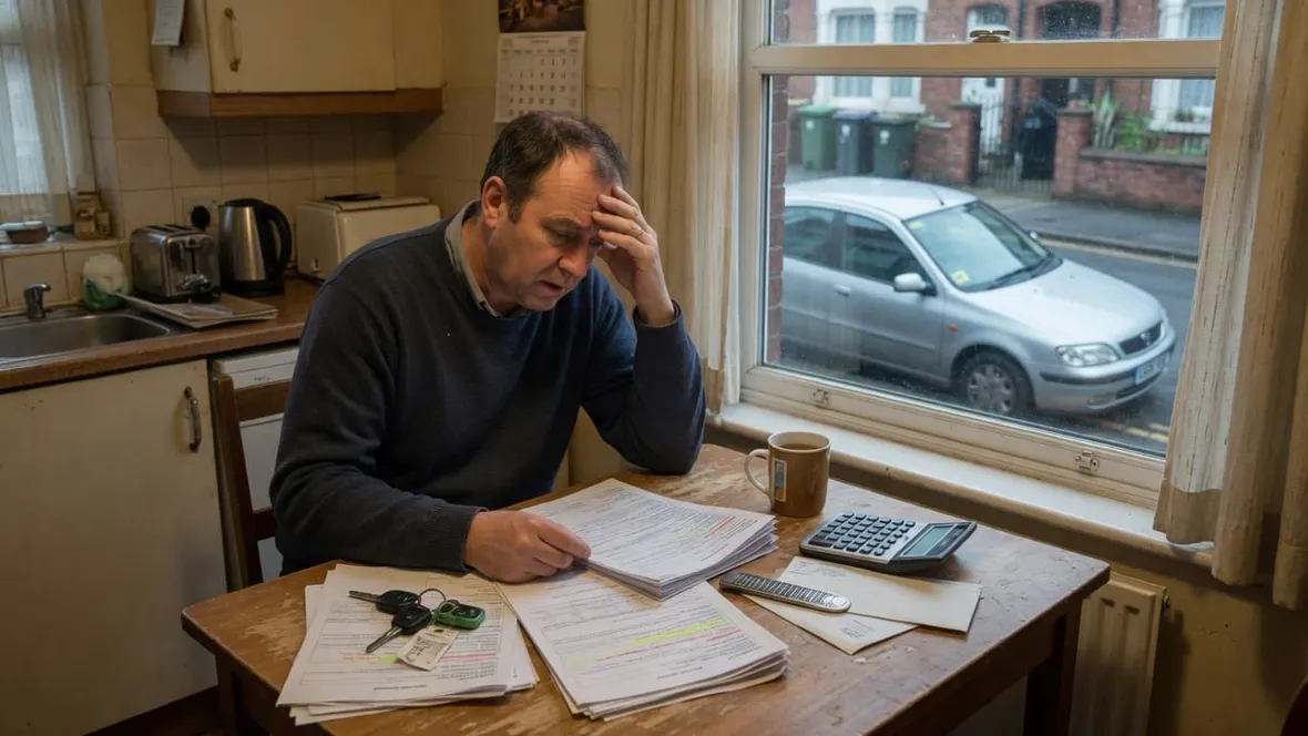 A worried man at a kitchen table with loan paperwork, a calculator and car keys, his car outside the window