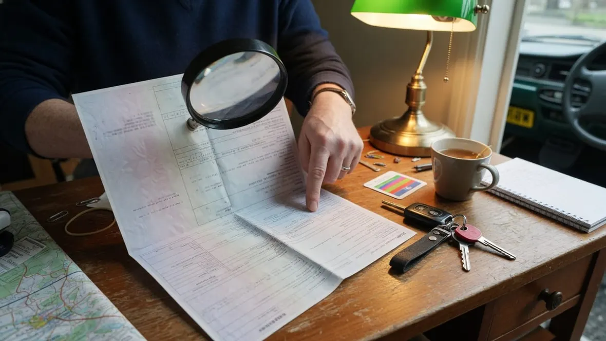 A person examining a vehicle document closely with a magnifying glass at a desk