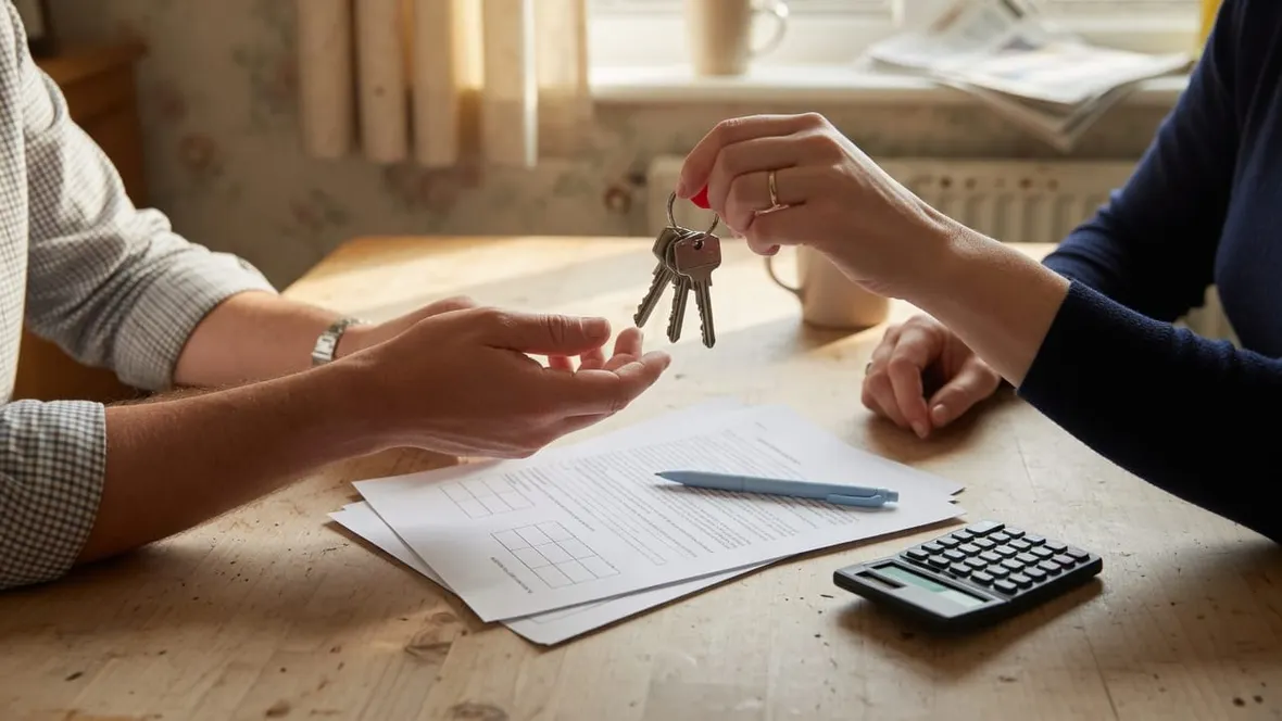 Two people exchange house keys over a table with documents and a calculator