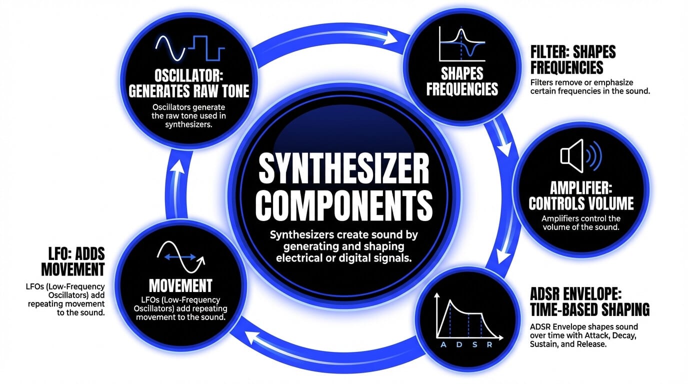 Synthesizer components: oscillator, filter, amplifier, ADSR, LFO.