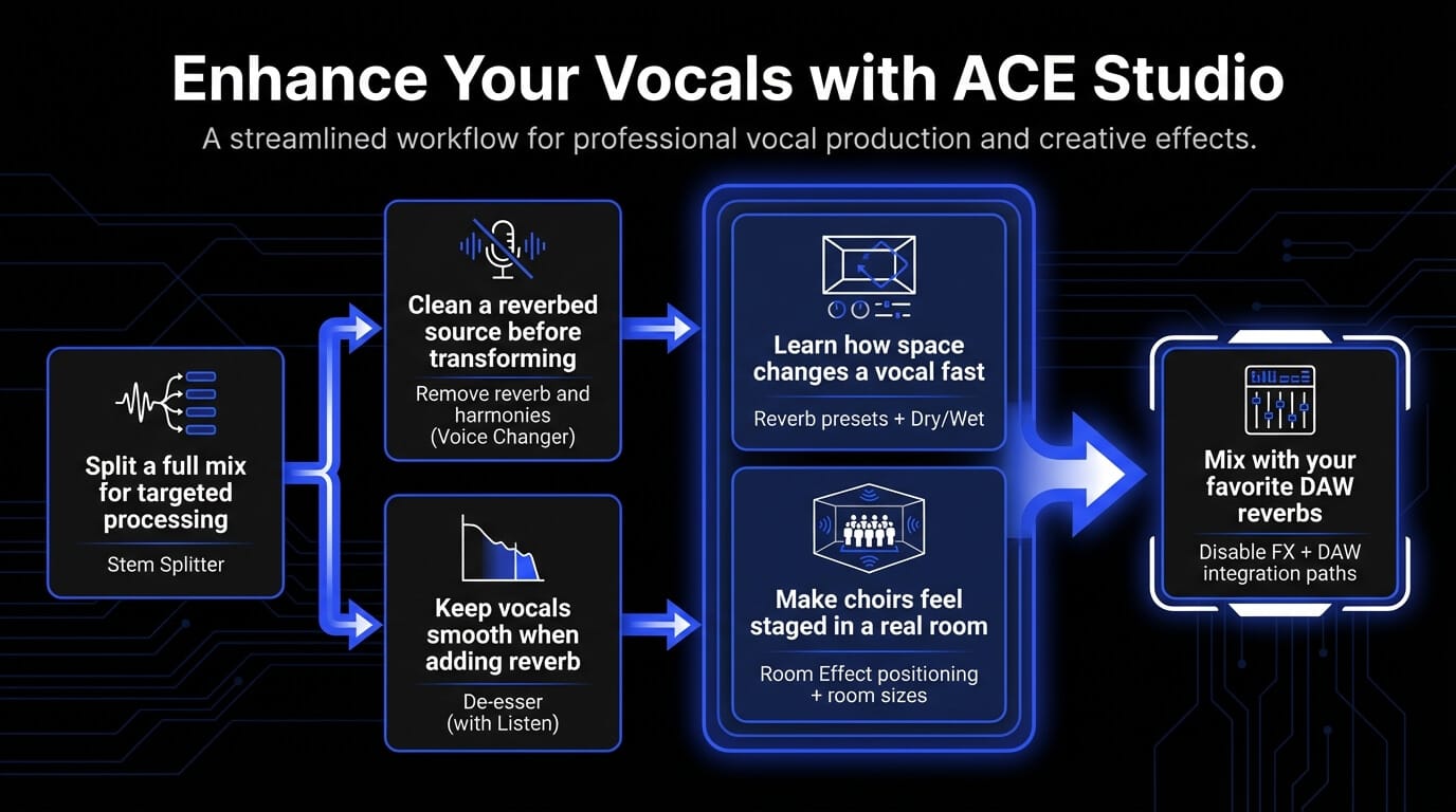 ACE Studio's reverb functionalities as a way to enhance vocals and choirs.