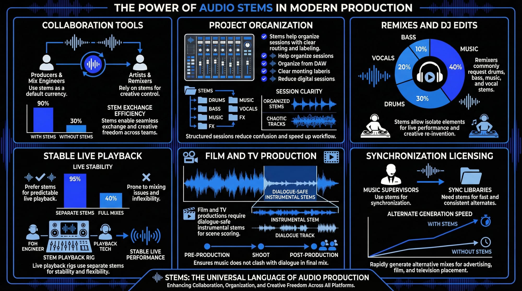 What are stems used for? Remixes and DJ edits, Live playback, Film and TV production, Synchronization licensing.