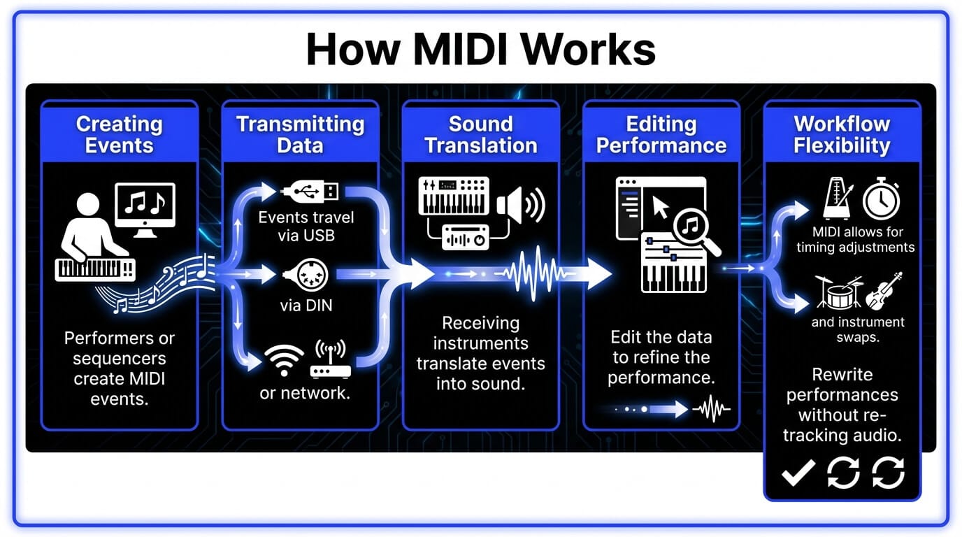 Infographic flow on how MIDI works in process.