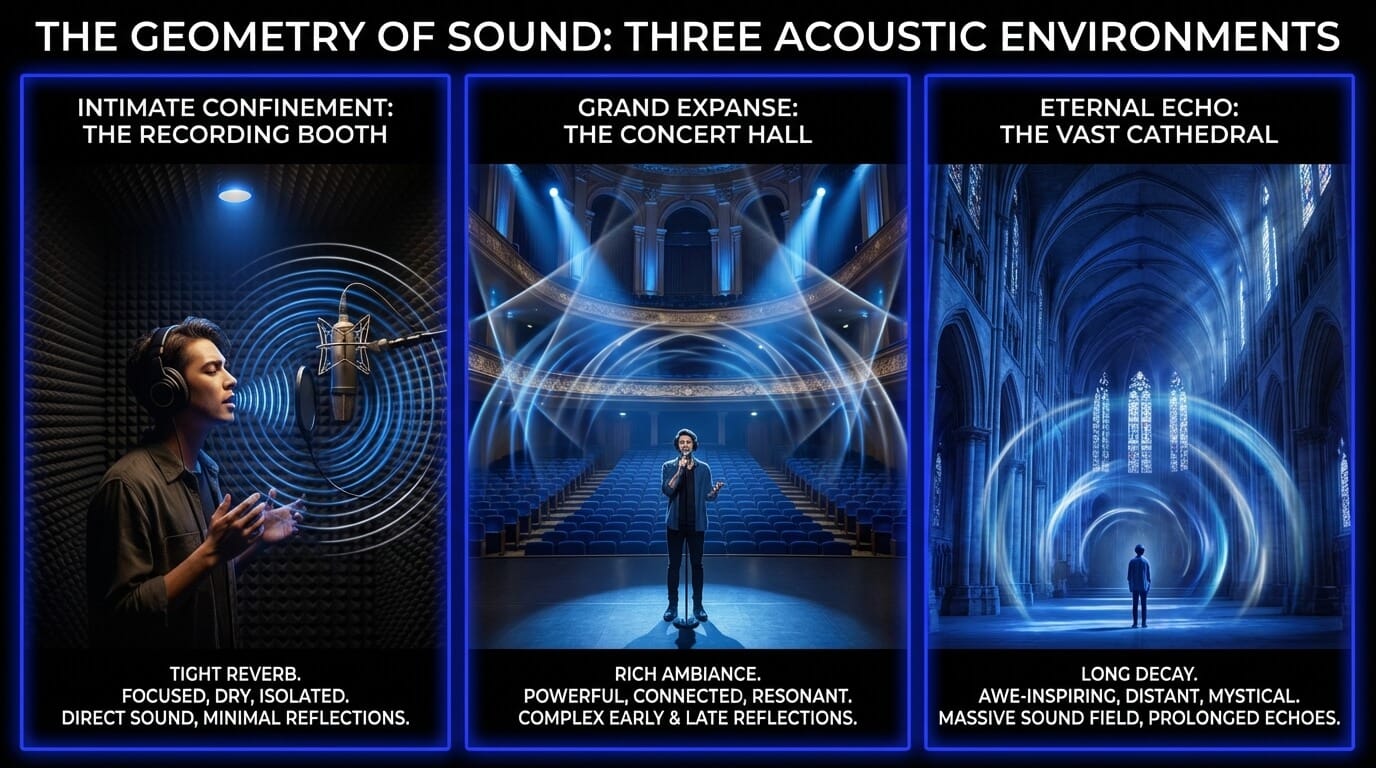 Reverb and acoustic environments: recording booth (tight reverb), the concert hall (rich resonant ambiance), a vast cathedral (long decay - prolonged echoes)