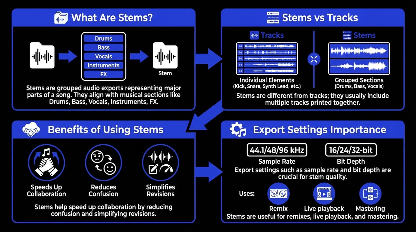 What are music stems and their benefits and export settings.