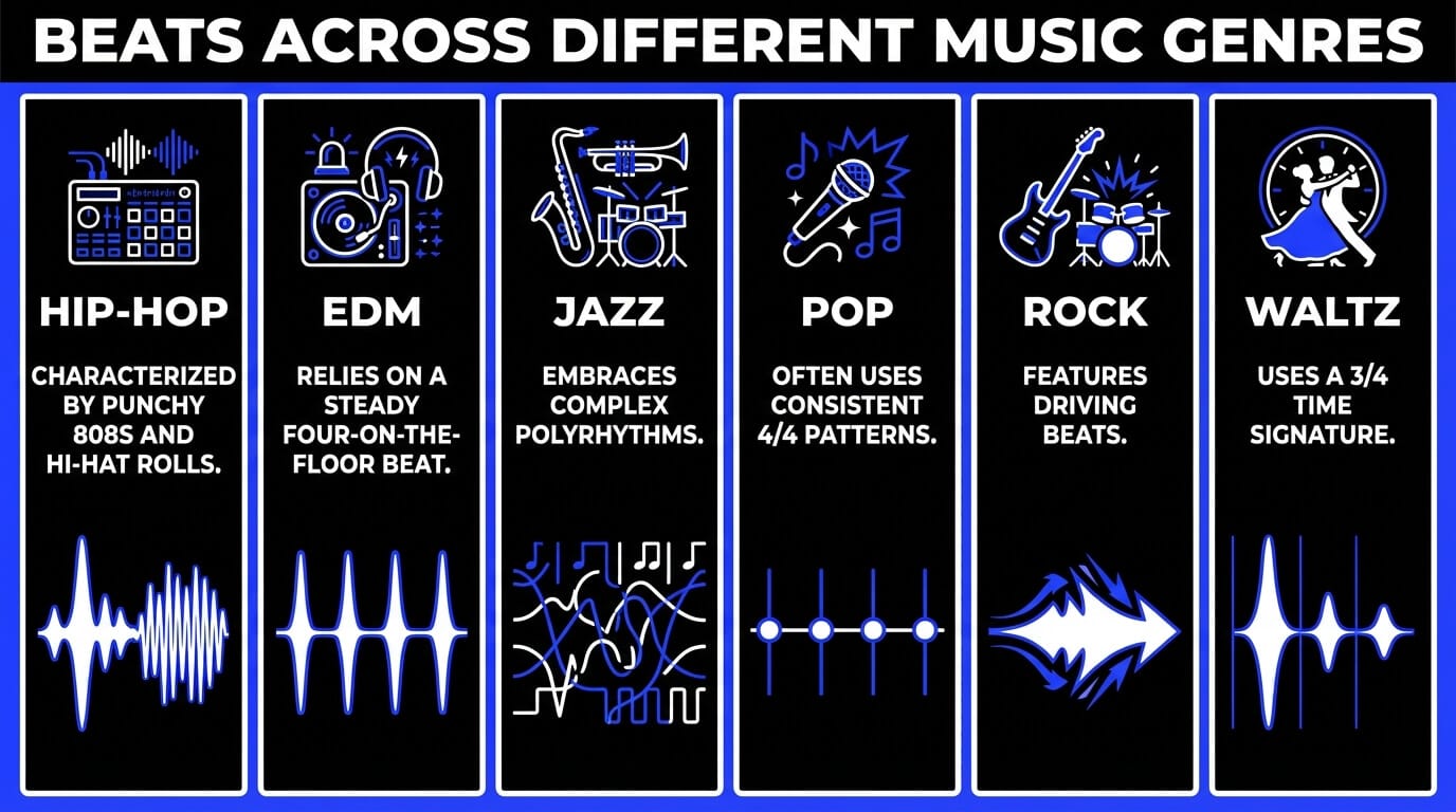 Infographic comparing beats across different music genres including hip-hop, EDM, jazz, pop, rock, and waltz.