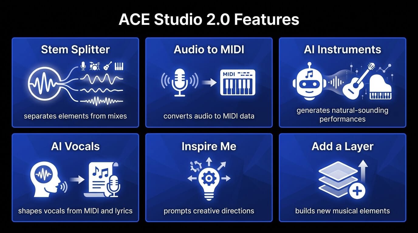 ACE Studio 2.0 feature overview with tools for stem splitting, Audio to MIDI, AI instruments, AI vocals, Inspire Me, and Add a Layer.