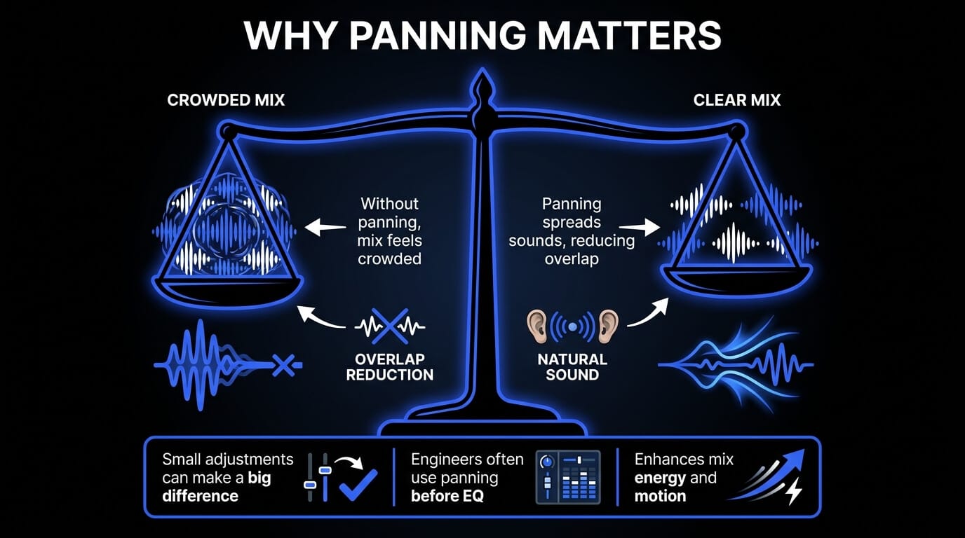 Infographic explaining why panning matters in music mixing, comparing a crowded mix with a clear mix using stereo balance visuals.