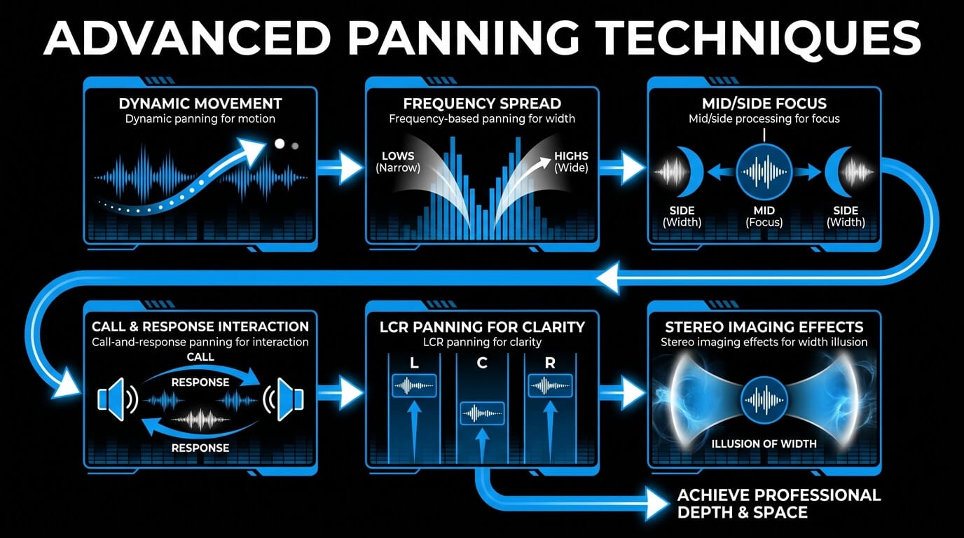 Infographic showing advanced panning techniques, including dynamic movement, frequency spread, mid-side focus, LCR panning, and stereo imaging.
