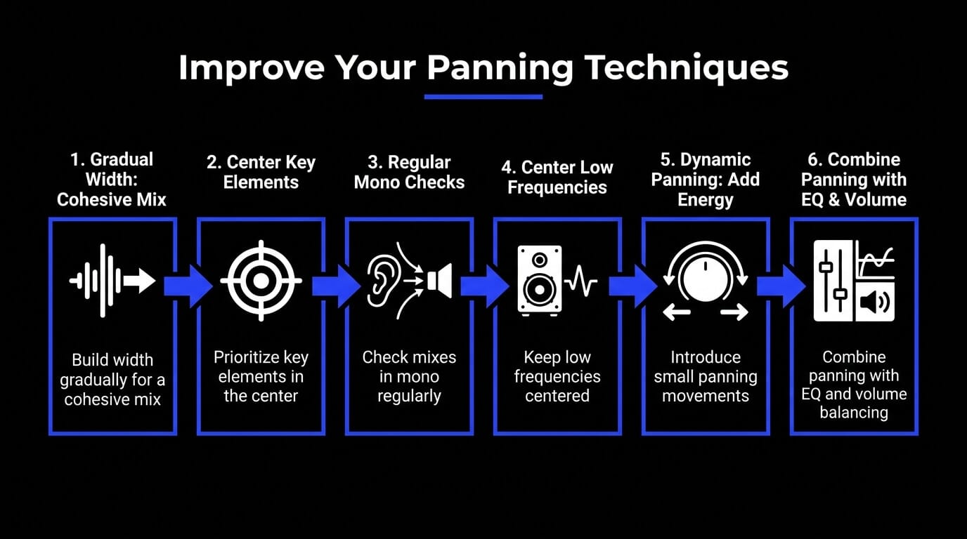 Infographic showing six ways to improve panning techniques, including gradual width, centered key elements, mono checks, centered low frequencies, dynamic panning, and EQ balance.