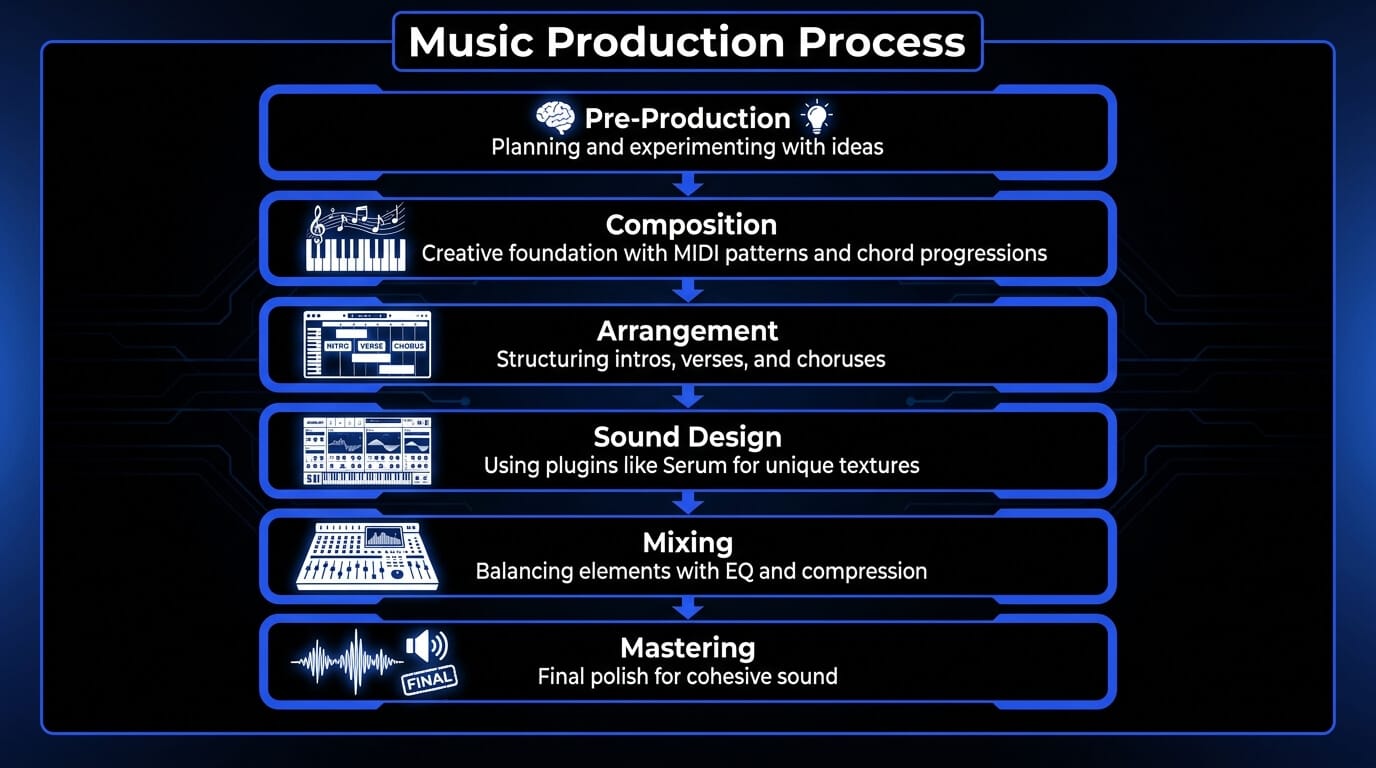 Music production process infographic showing steps from pre-production to mastering.