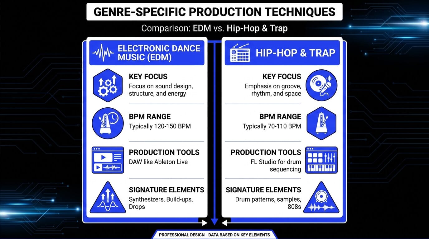 Infographic comparing EDM and hip-hop/trap production techniques, including focus, BPM range, tools, and signature elements.