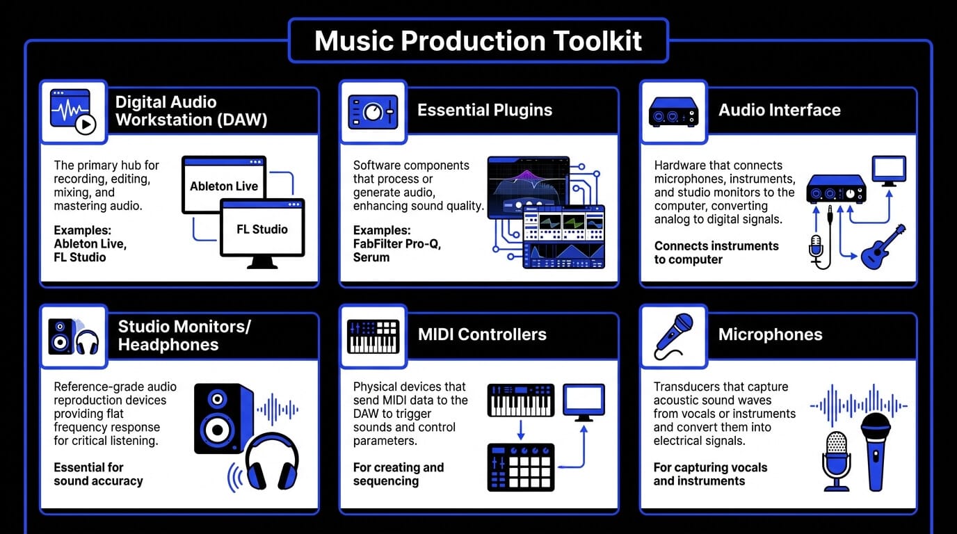 Infographic showing key music production tools including DAW, plugins, audio interface, studio monitors, MIDI controllers, and microphones.