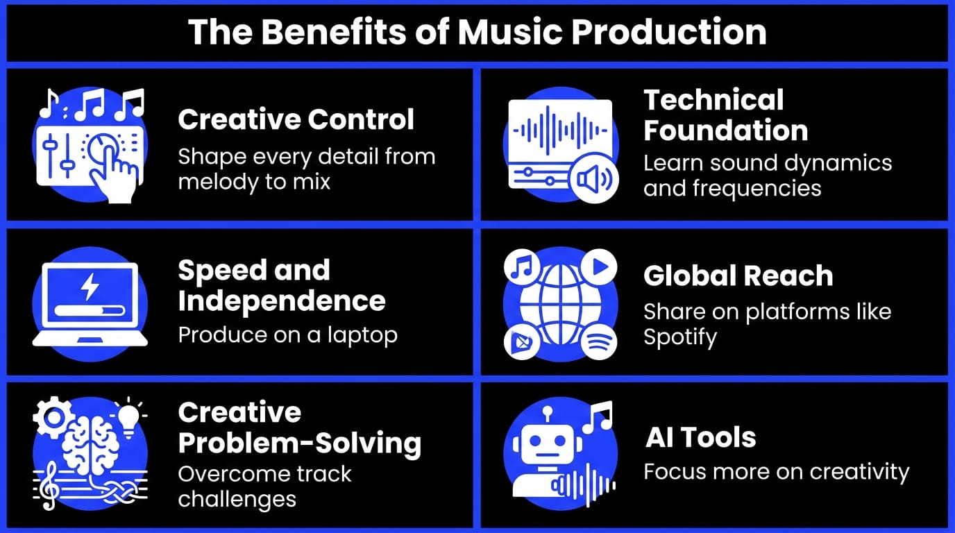 Infographic showing the benefits of music production, including creative control, technical skills, speed, global reach, problem-solving, and AI tools.