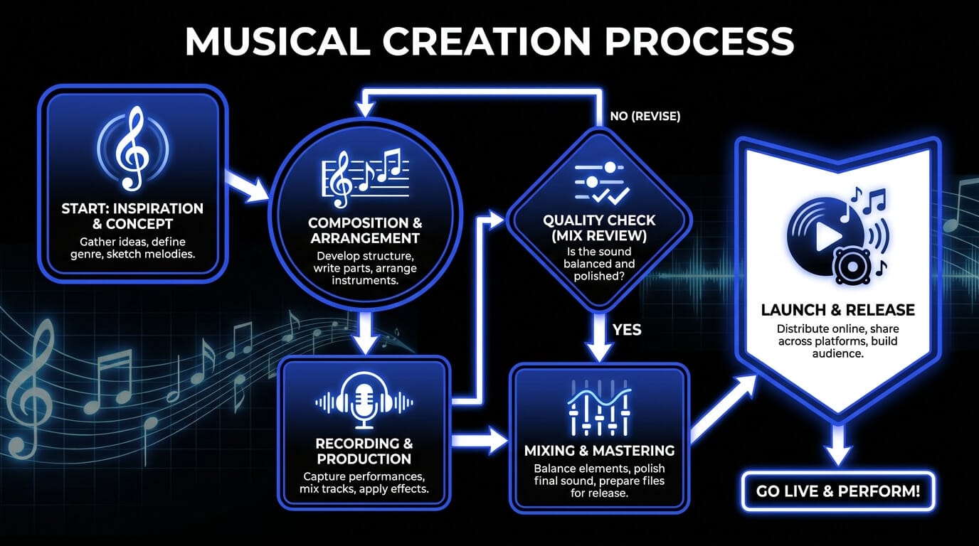 Infographic showing the music creation process, including concept development, composition, recording, mixing, mastering, quality check, launch, and live performance.