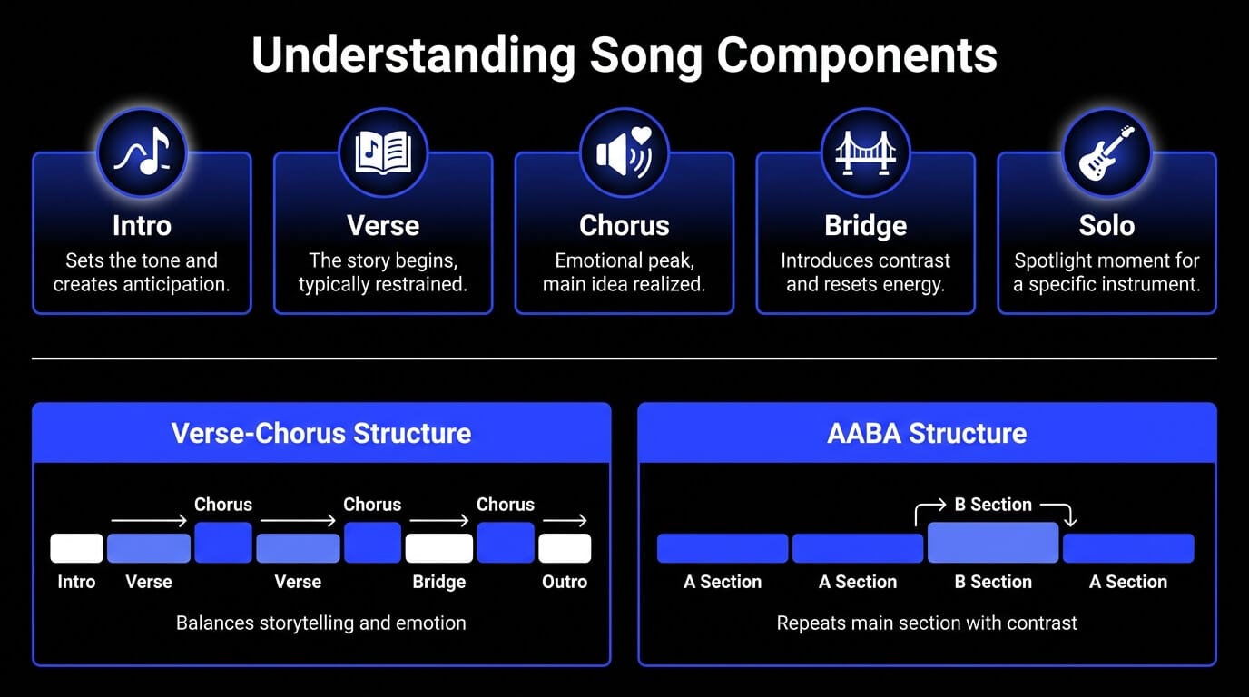 Infographic explaining song components and structures, including intro, verse, chorus, bridge, solo, verse-chorus form, and AABA form.