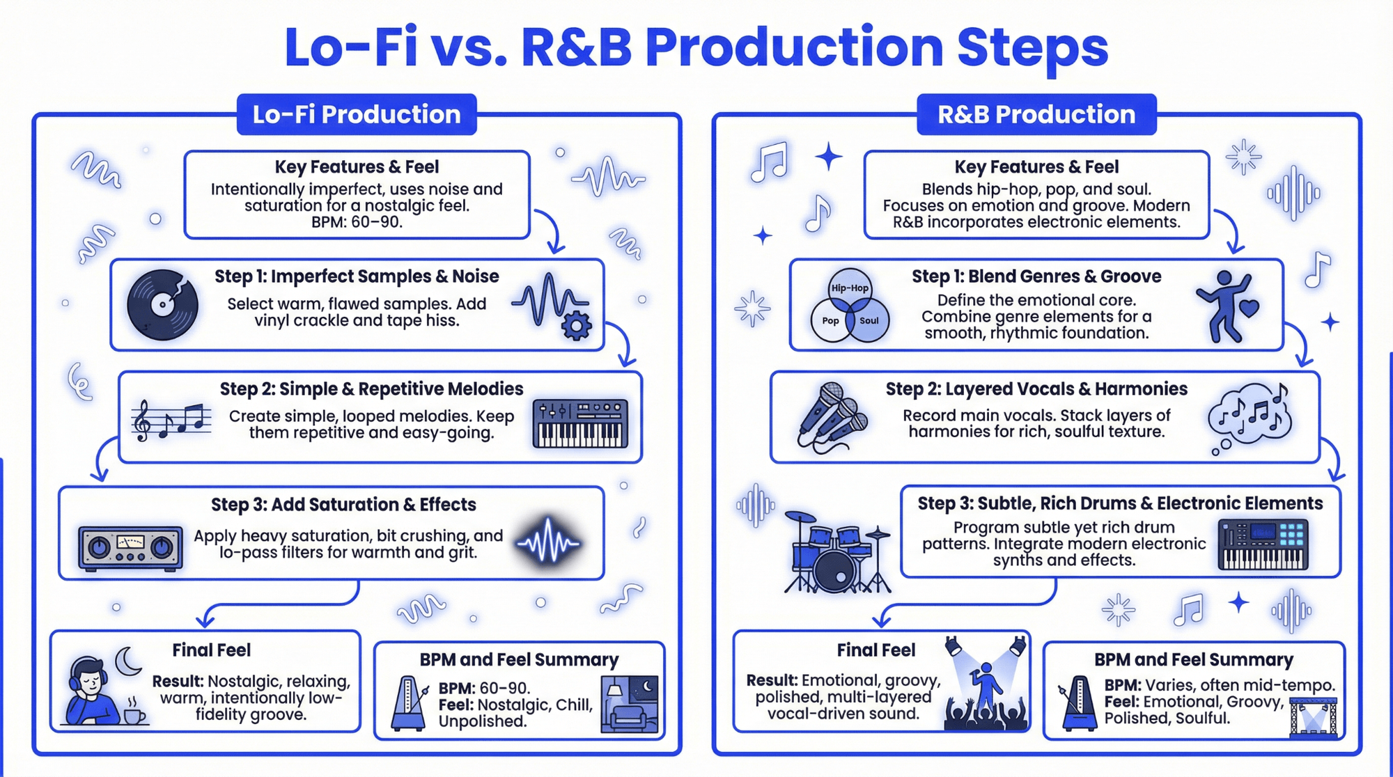 Infographic comparing lo-fi and R&B production steps, including samples, melodies, saturation, vocals, drums, BPM, and overall feel.