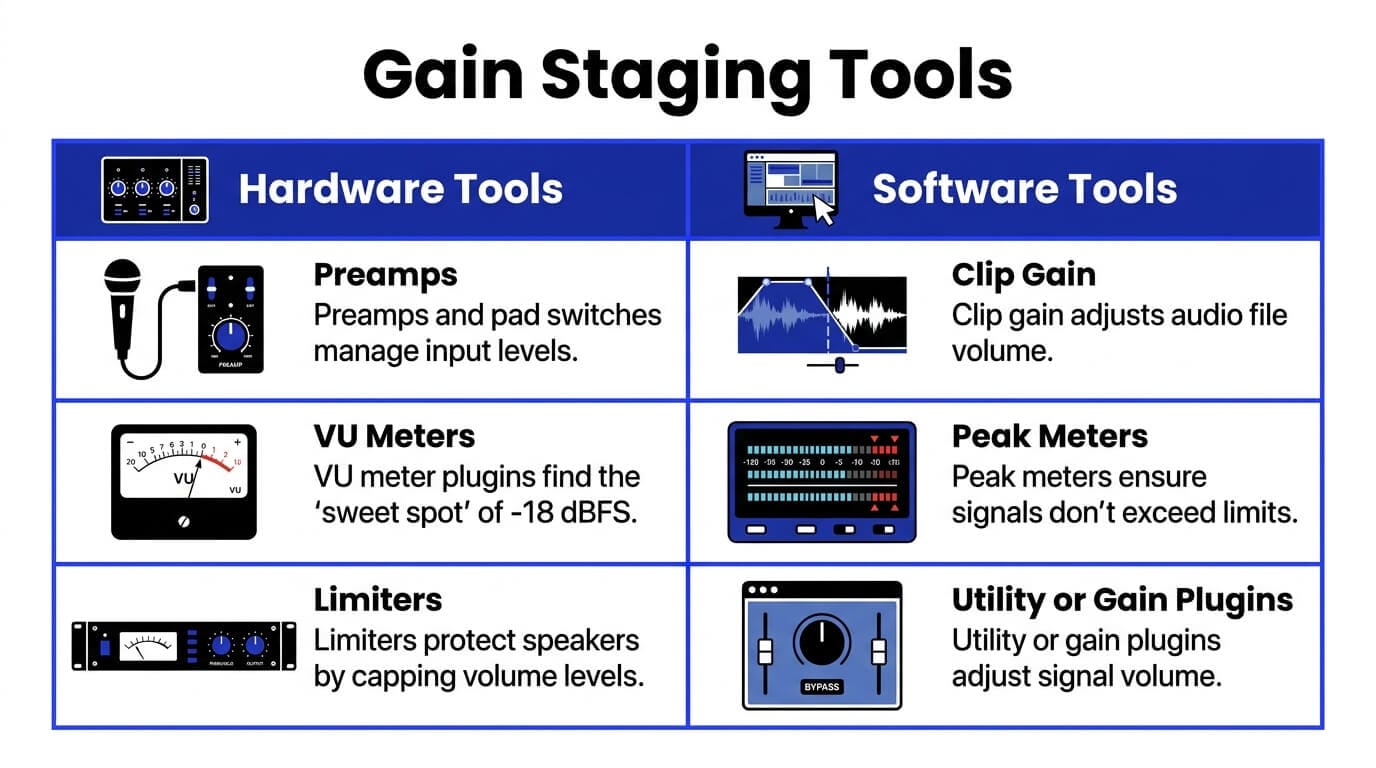 Infographic listing key gain staging tools, including preamps, VU meters, limiters, clip gain, peak meters, and utility or gain plugins used to manage audio levels in recording and mixing.