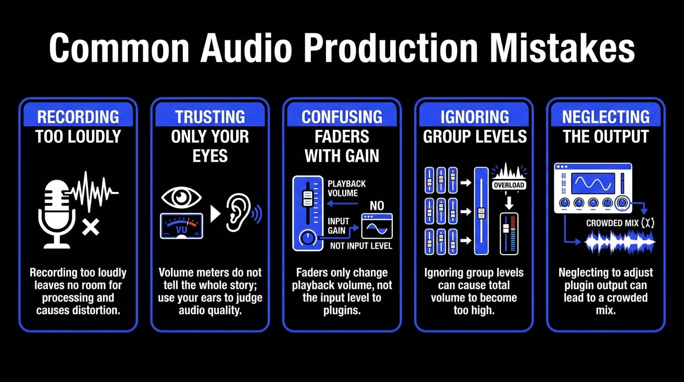 Infographic showing common audio production mistakes in gain staging, including recording too loudly, relying only on meters, confusing faders with input gain, ignoring group levels, and neglecting plugin output levels.