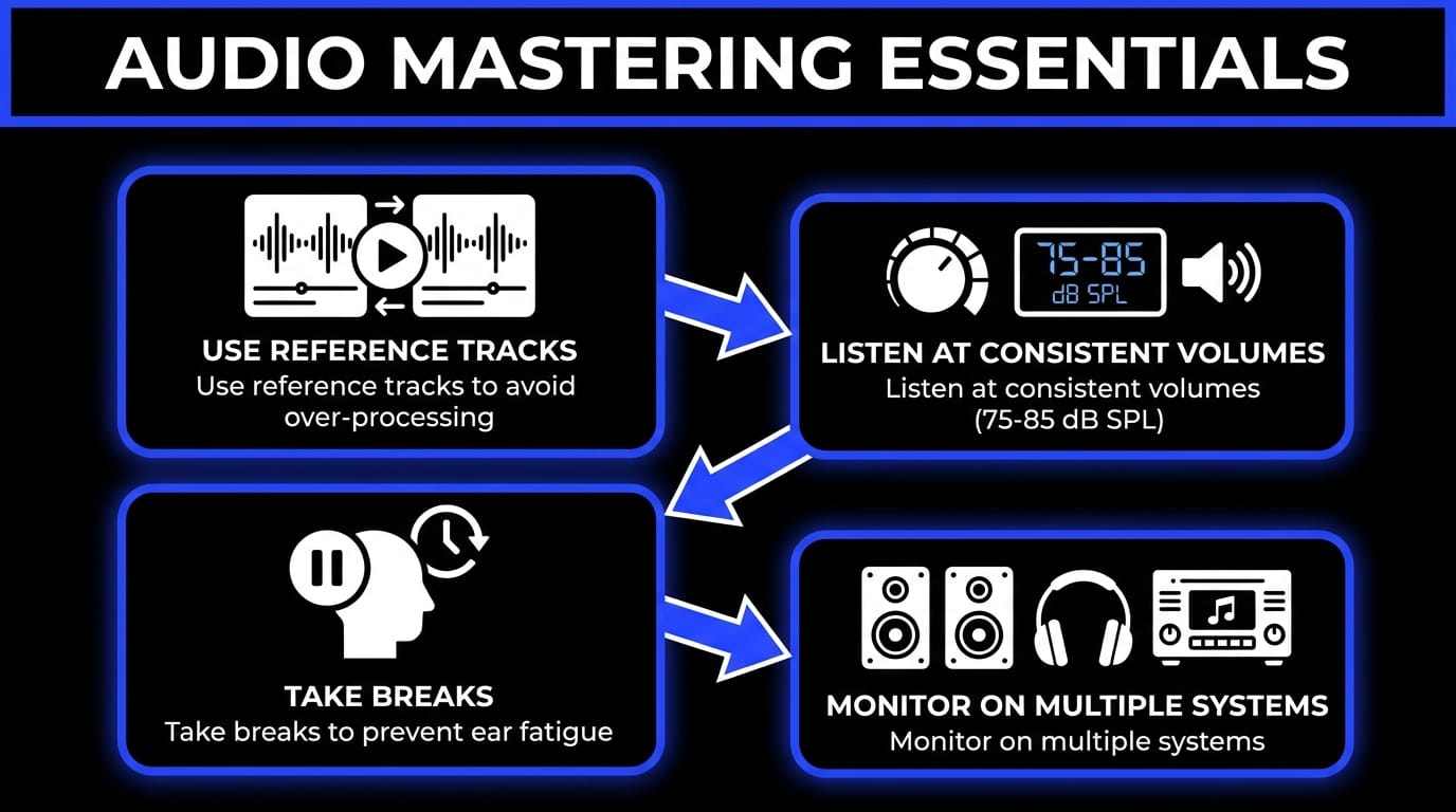 Infographic showing audio mastering essentials for beginners, including using reference tracks, listening at consistent volume, taking breaks, and checking the master on multiple playback systems.