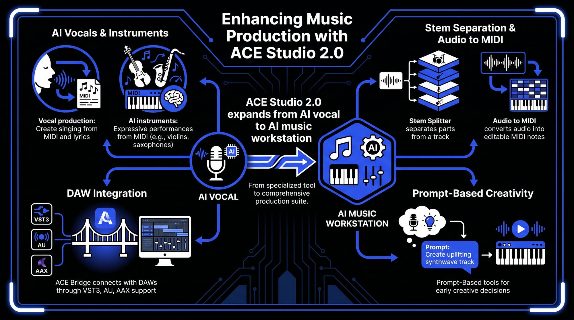 Infographic showing ACE Studio 2.0 as an AI music workstation with AI vocals, AI instruments, stem separation, audio to MIDI, DAW integration, and prompt-based music creation tools.