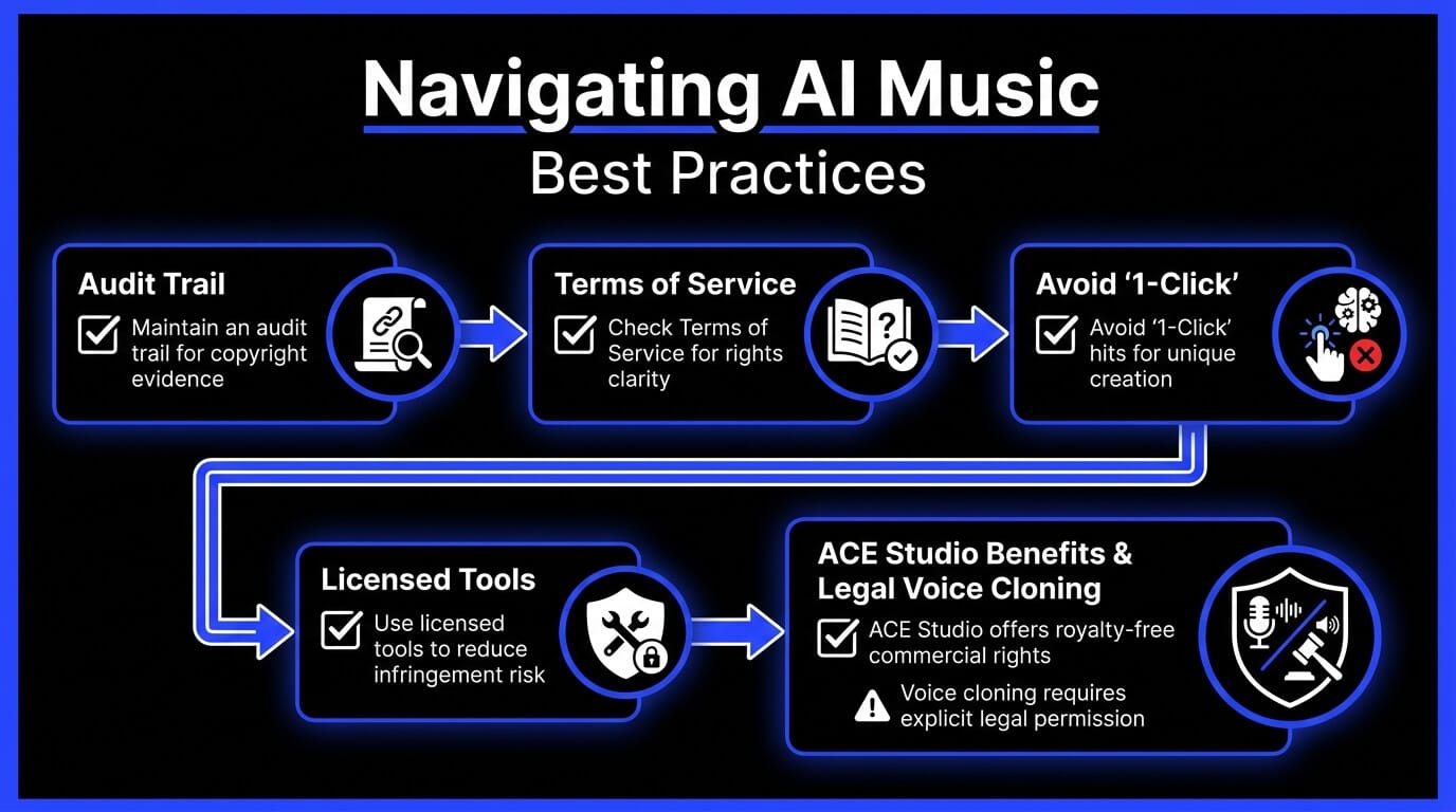 Infographic showing AI music best practices, including keeping an audit trail, checking terms of service, avoiding one-click generation, using licensed tools, and confirming voice cloning permissions.