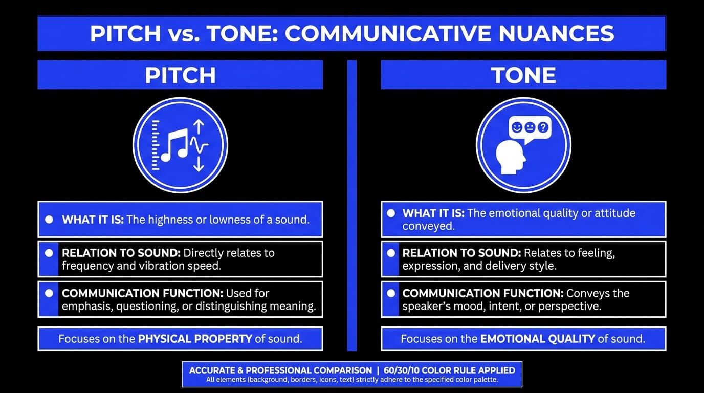 Infographic comparing pitch and tone, showing pitch as sound height and frequency, and tone as emotional quality, expression, and delivery.