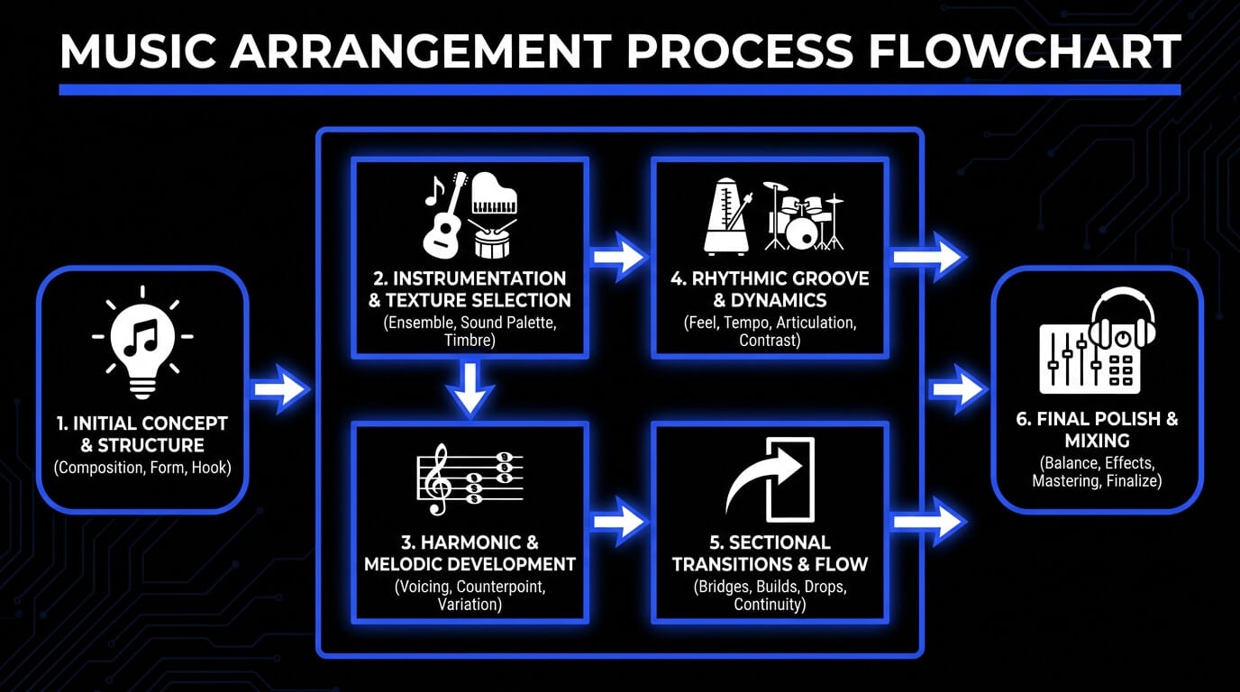 Music arrangement process flowchart showing the steps from initial song concept and instrumentation to harmony, groove, transitions, and final mixing.