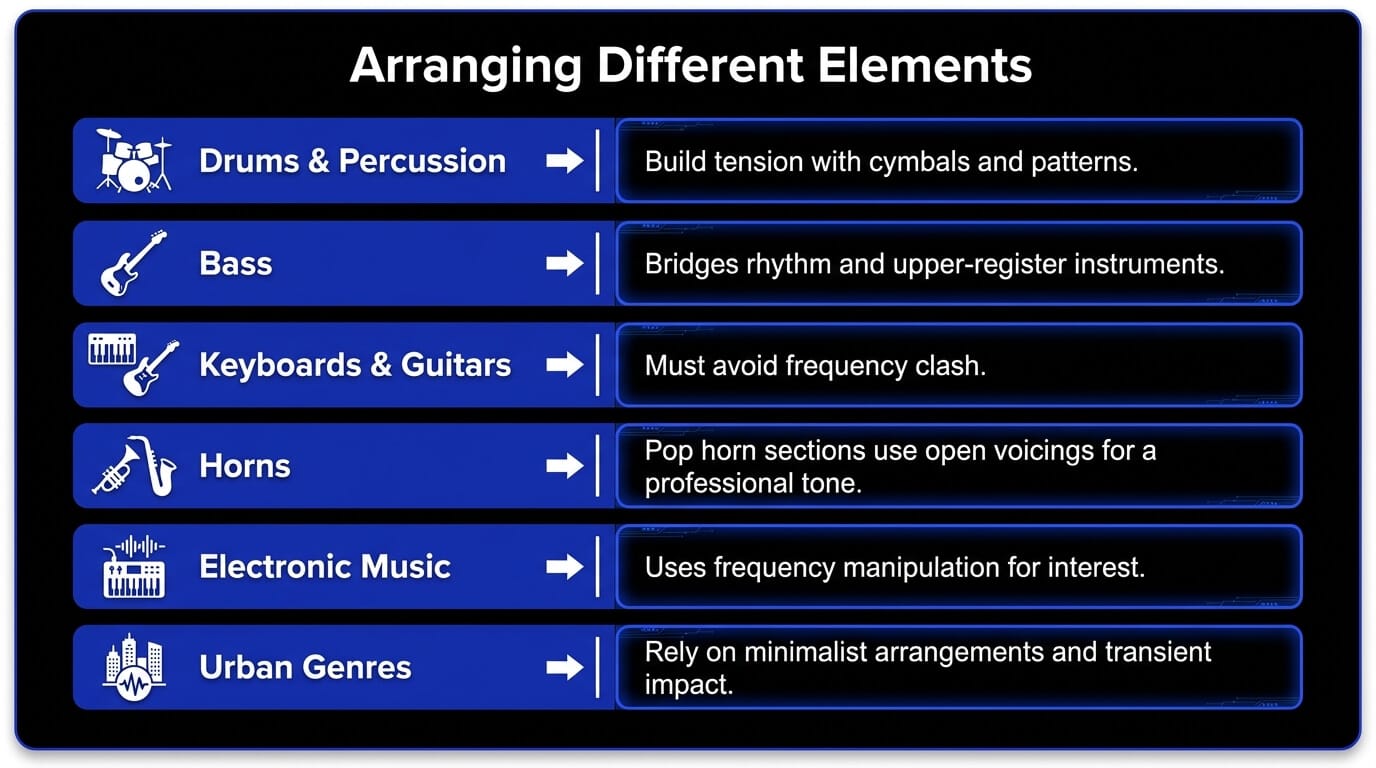 Infographic explaining how drums, bass, keyboards, guitars, horns, electronic music, and urban genres shape music arrangement.