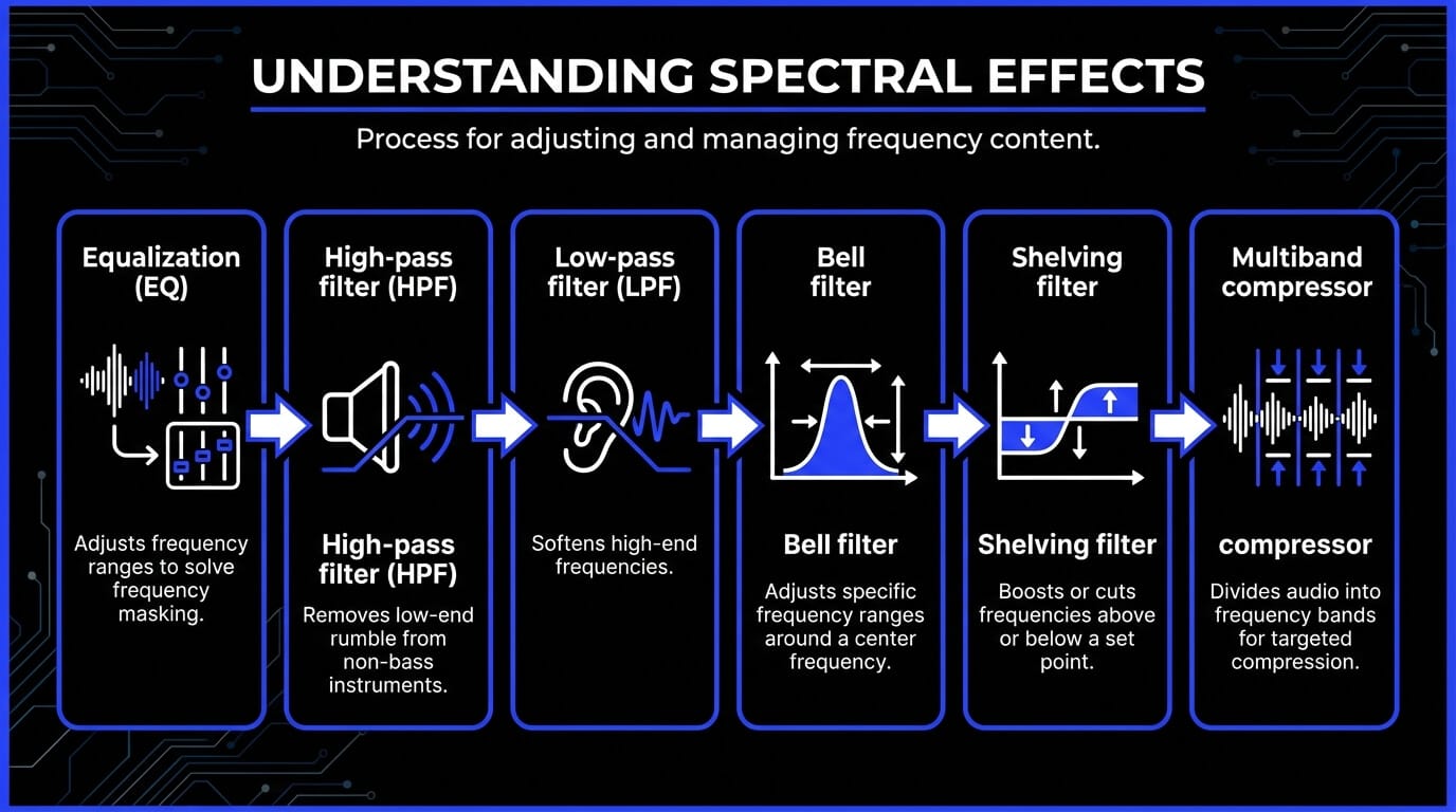Infographic explaining spectral audio effects, including EQ, high-pass filters, low-pass filters, bell filters, shelving filters, and multiband compression.