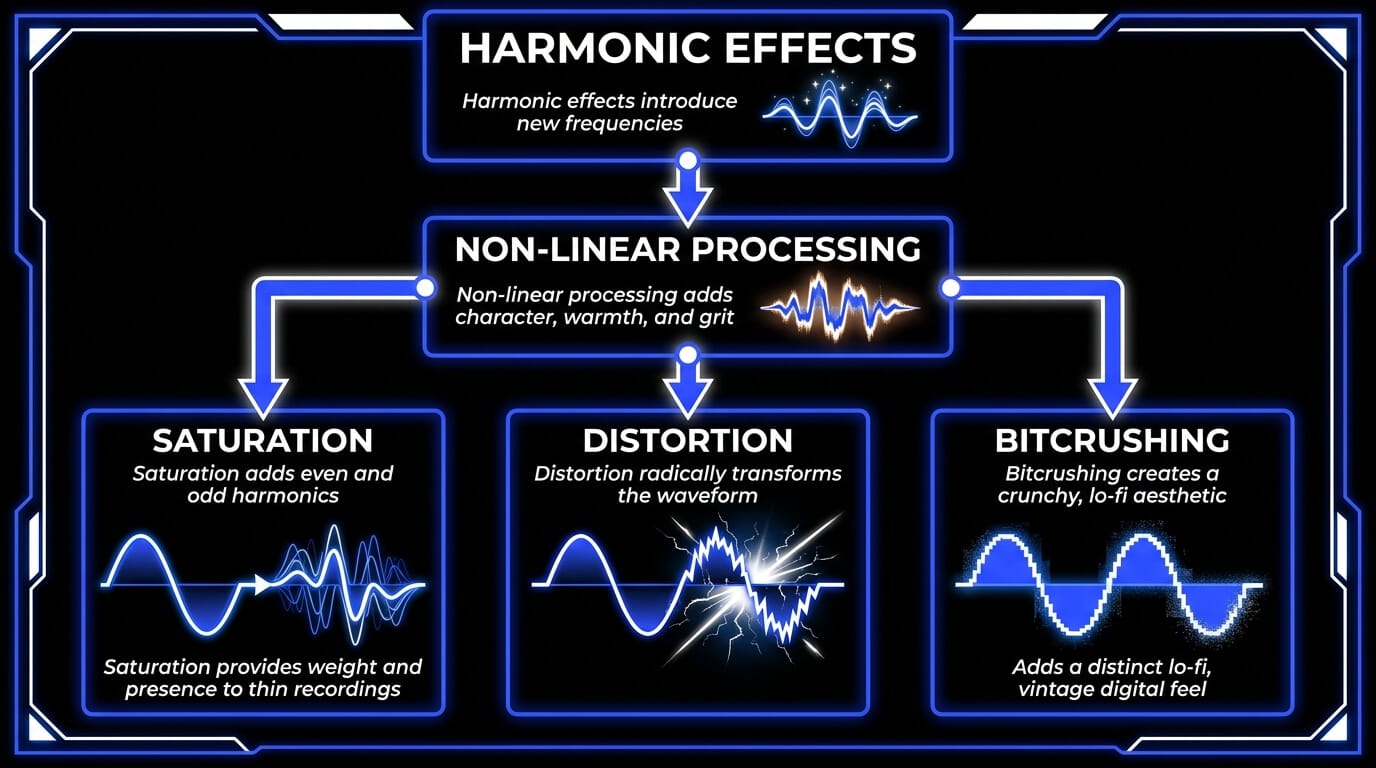 Infographic explaining modulation audio effects, including chorus, phaser, flanger, tremolo, and auto pan, with visual examples of how each effect changes movement and texture.