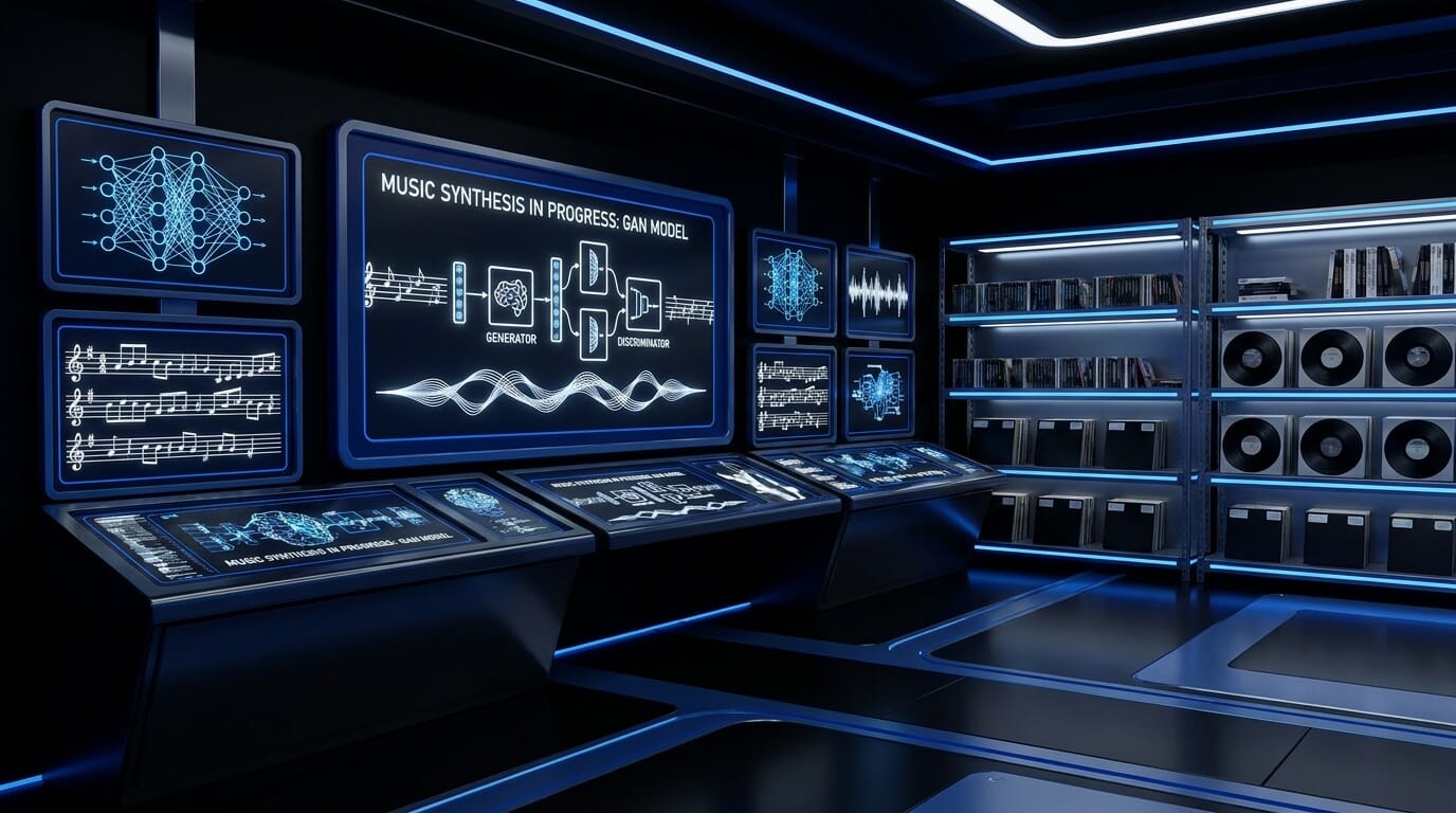 Futuristic AI music lab with screens showing neural networks, sheet music, waveform synthesis, and archived recordings, representing training data and AI music generation.