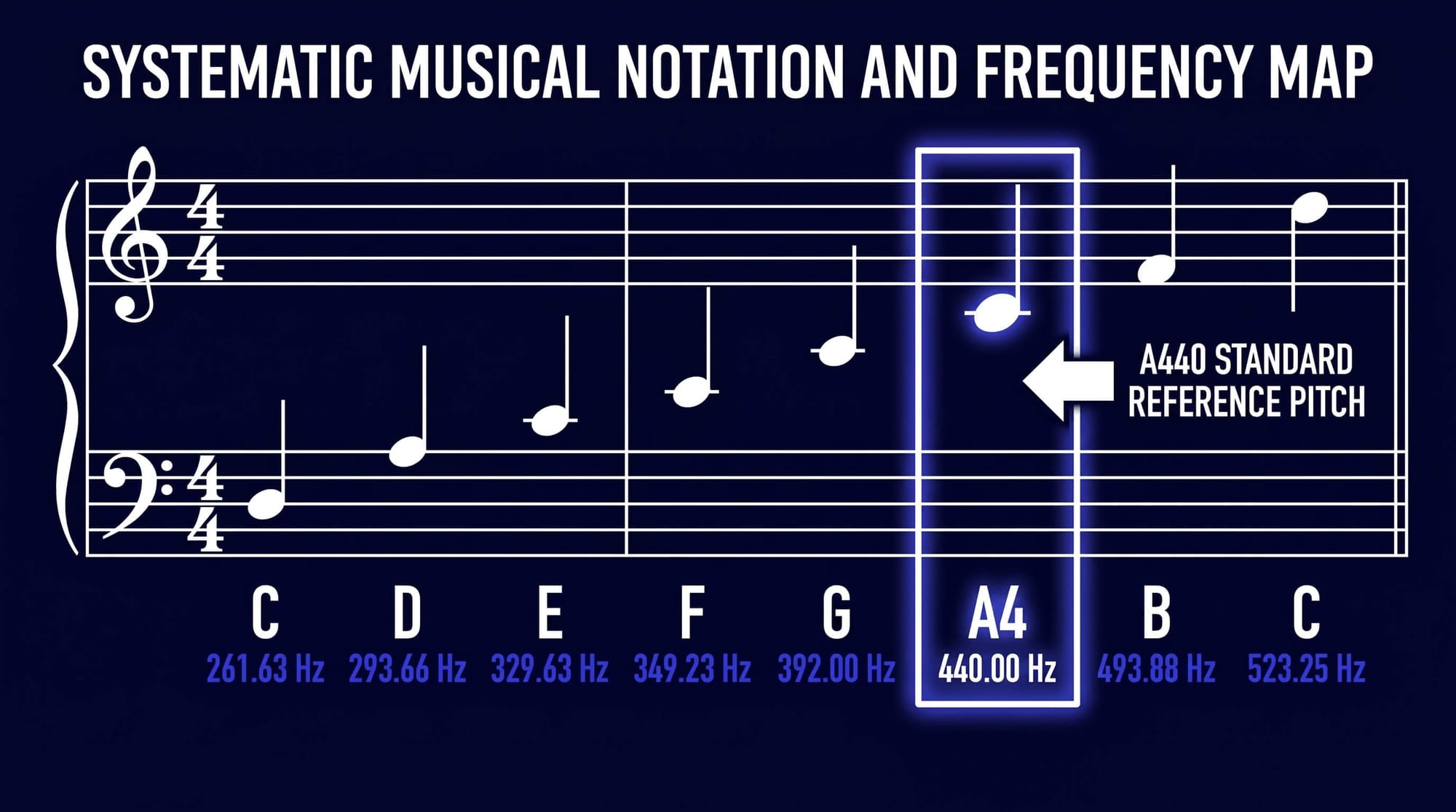 Infographic showing musical notes on treble and bass clefs with frequencies, highlighting A4 at 440 Hz as the standard reference pitch.