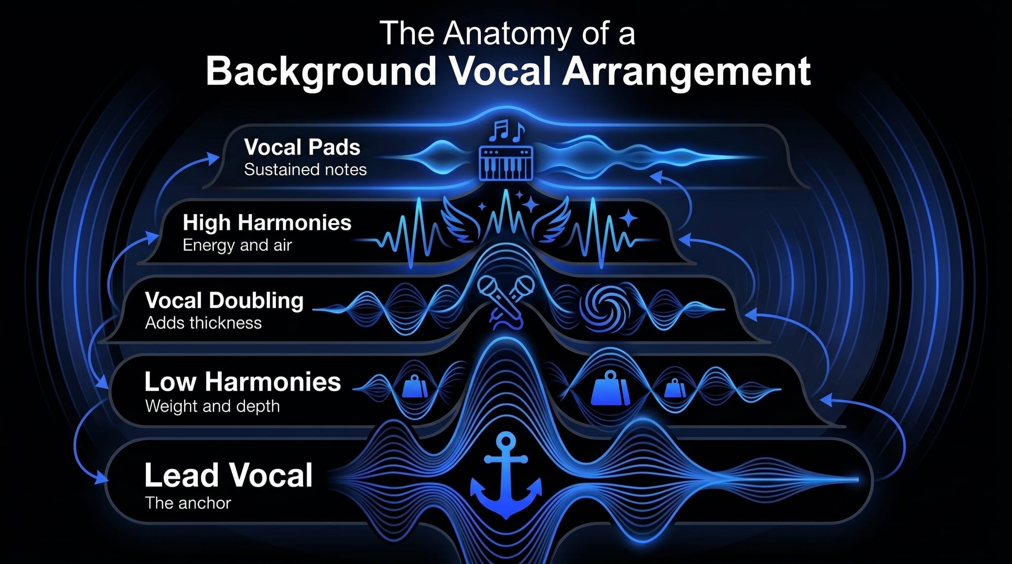 Infographic showing the structure of a background vocal arrangement, including lead vocal, low harmonies, vocal doubling, high harmonies, and vocal pads.