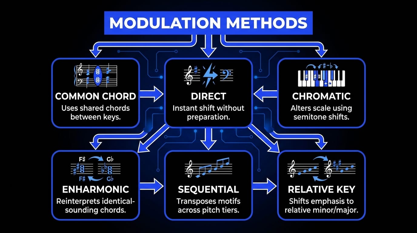 Infographic outlining common music modulation methods, including common chord, direct, chromatic, enharmonic, sequential, and relative key modulation.
