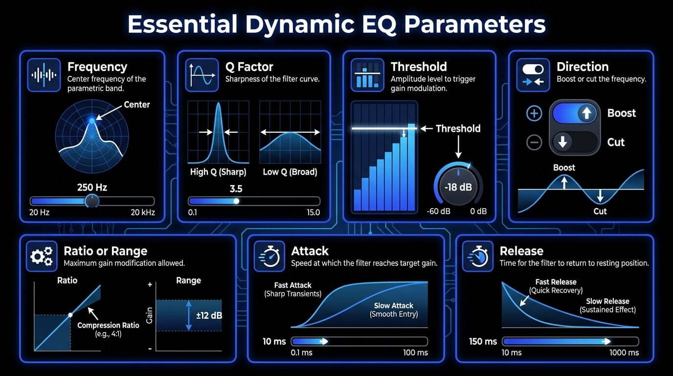 Infographic explaining essential dynamic EQ parameters, including frequency, Q factor, threshold, direction, ratio, range, attack, and release controls for audio mixing.
