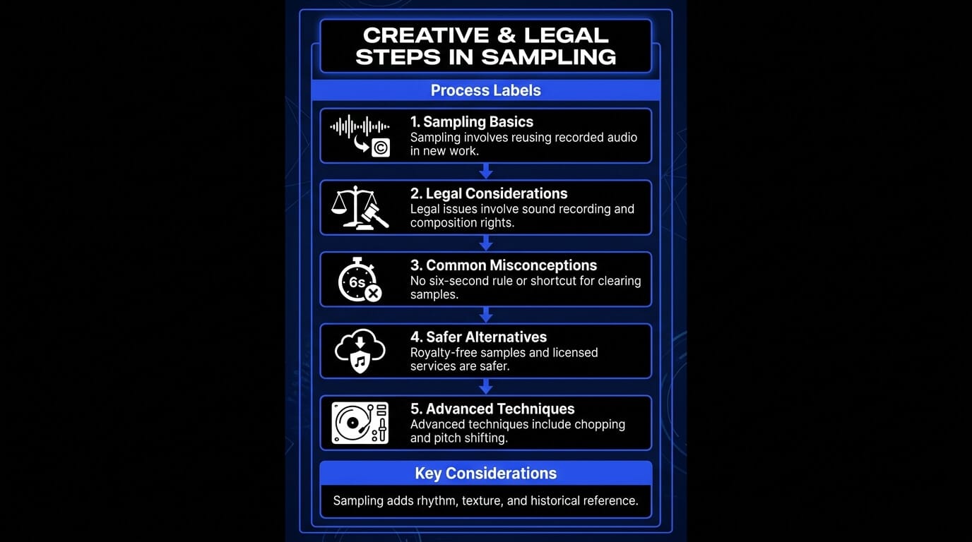 Infographic showing creative and legal steps in music sampling, including sampling basics, rights, clearance myths, safer alternatives, and advanced techniques.