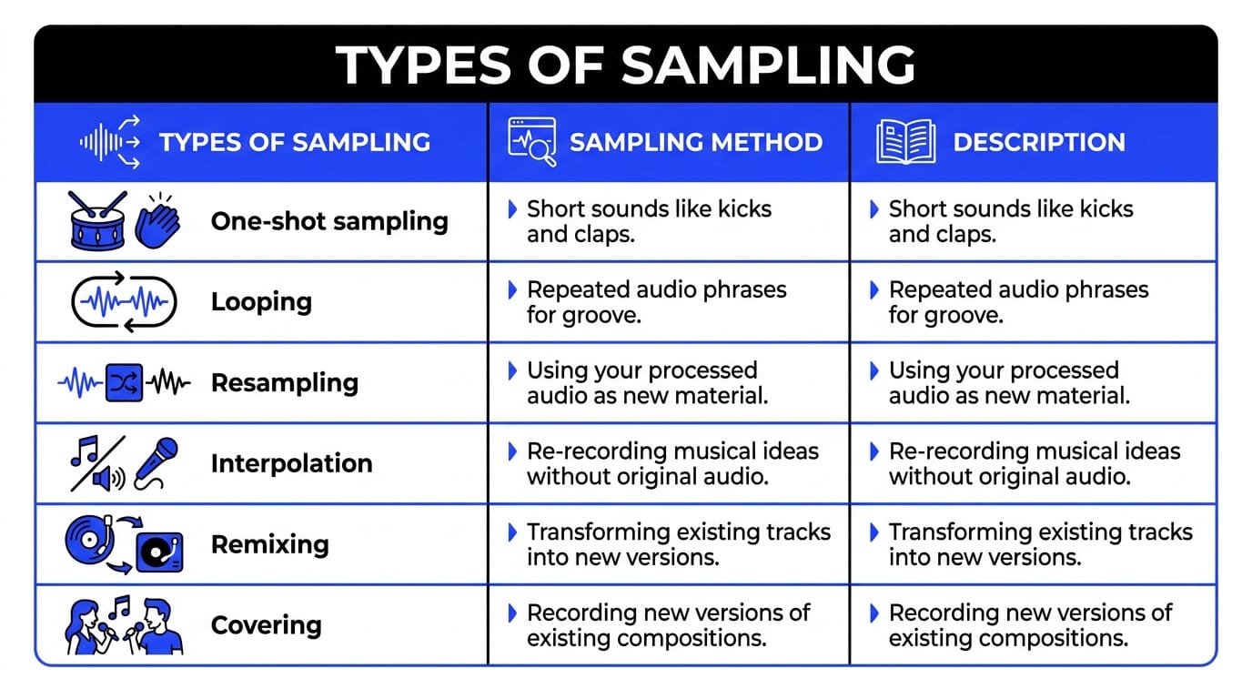 Infographic table showing one-shot sampling, looping, resampling, interpolation, remixing, and covering with short descriptions.