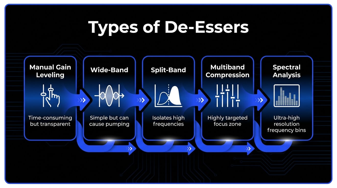 Infographic comparing types of de-essers, including manual gain leveling, wide-band, split-band, multiband compression, and spectral analysis for vocal sibilance control