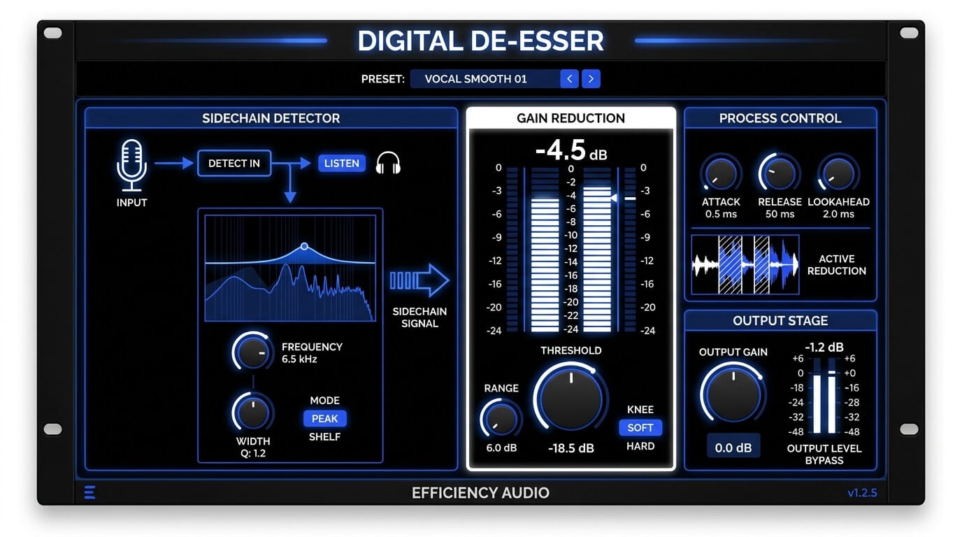 Digital de-esser interface showing sidechain detection, frequency targeting, threshold, gain reduction, attack, release, lookahead, and output controls for vocal sibilance reduction