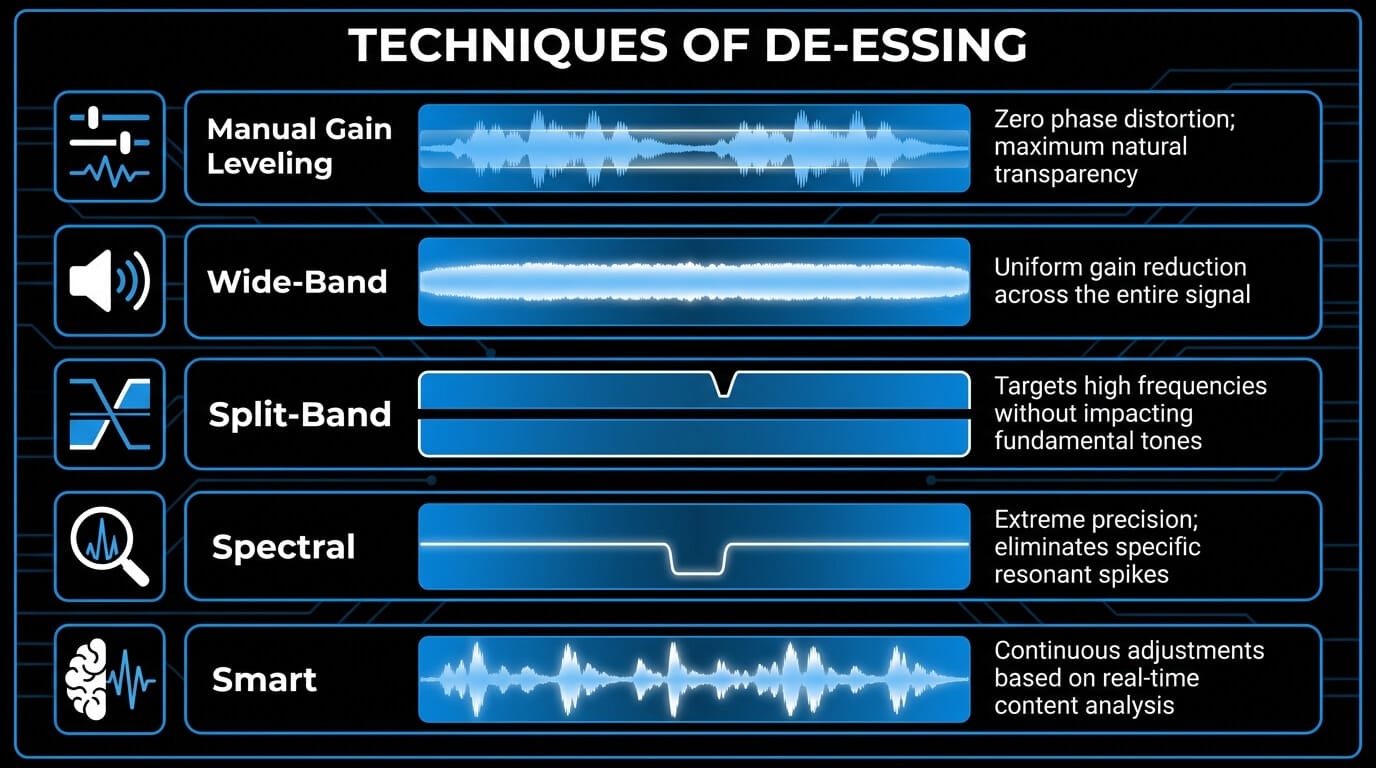 Infographic comparing manual gain leveling, wide-band, split-band, spectral, and smart de-essing techniques for controlling vocal sibilance and harsh resonant spikes