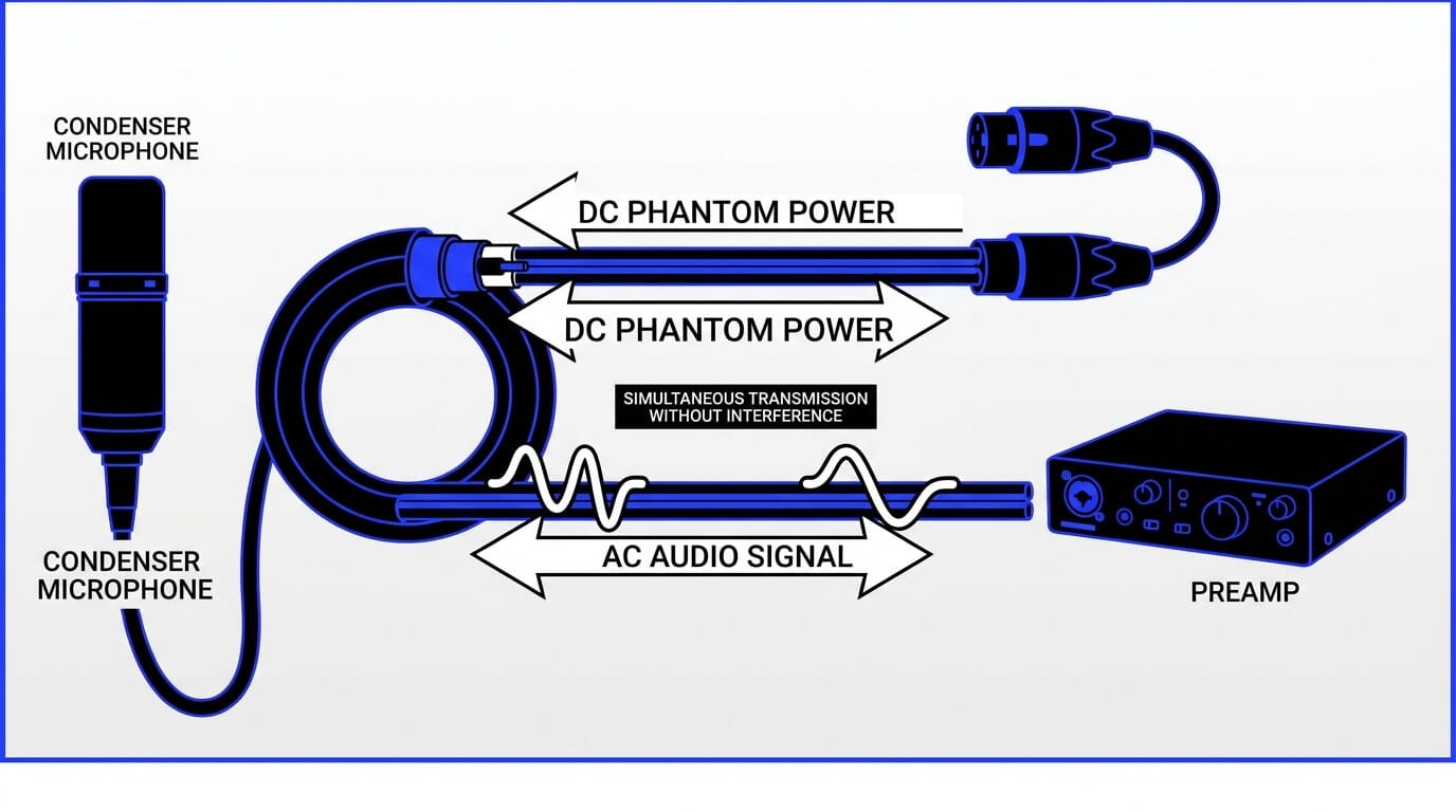 Diagram showing DC phantom power and AC audio signal transmitting simultaneously between a condenser microphone and preamp.