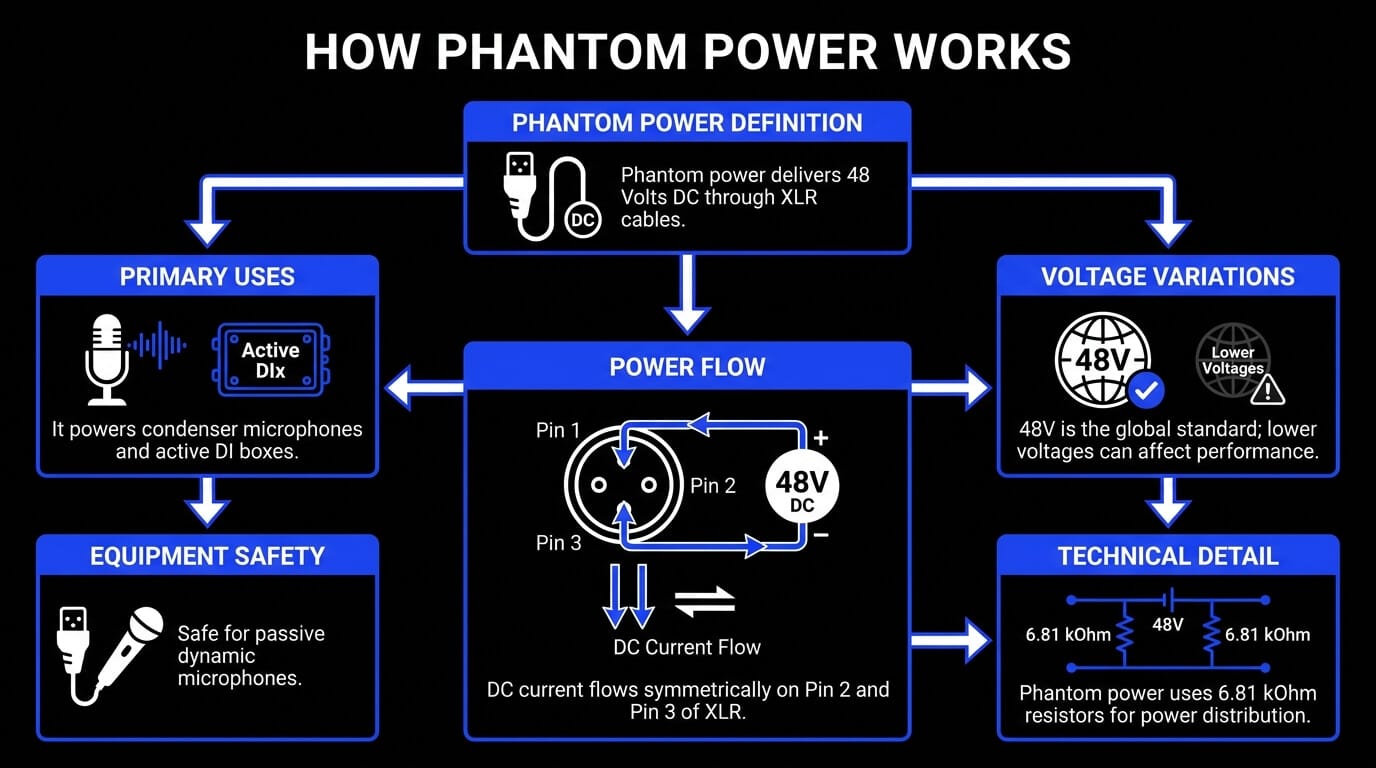Infographic explaining 48V phantom power flow through XLR pins for condenser microphones and active DI boxes.