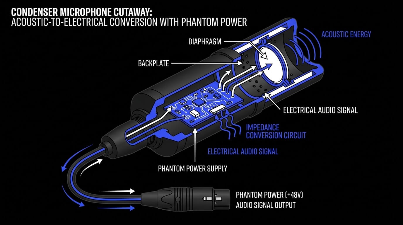 Cutaway diagram of a condenser microphone showing diaphragm, backplate, impedance conversion circuit, phantom power supply, and audio signal output.