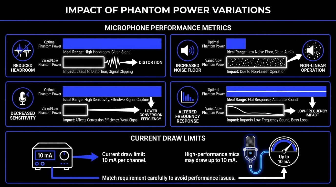 Infographic showing the impact of phantom power variations on microphone performance, including reduced headroom, higher noise, lower sensitivity, altered frequency response, and current draw limits.