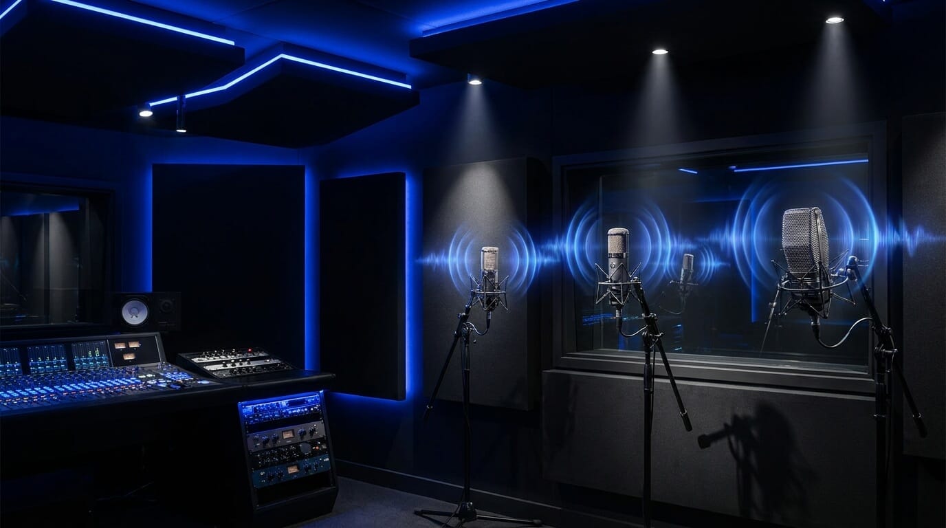 Recording studio image showing multiple microphones at different distances with blue sound waves, illustrating how mic placement and room setup influence proximity effect and tonal balance.