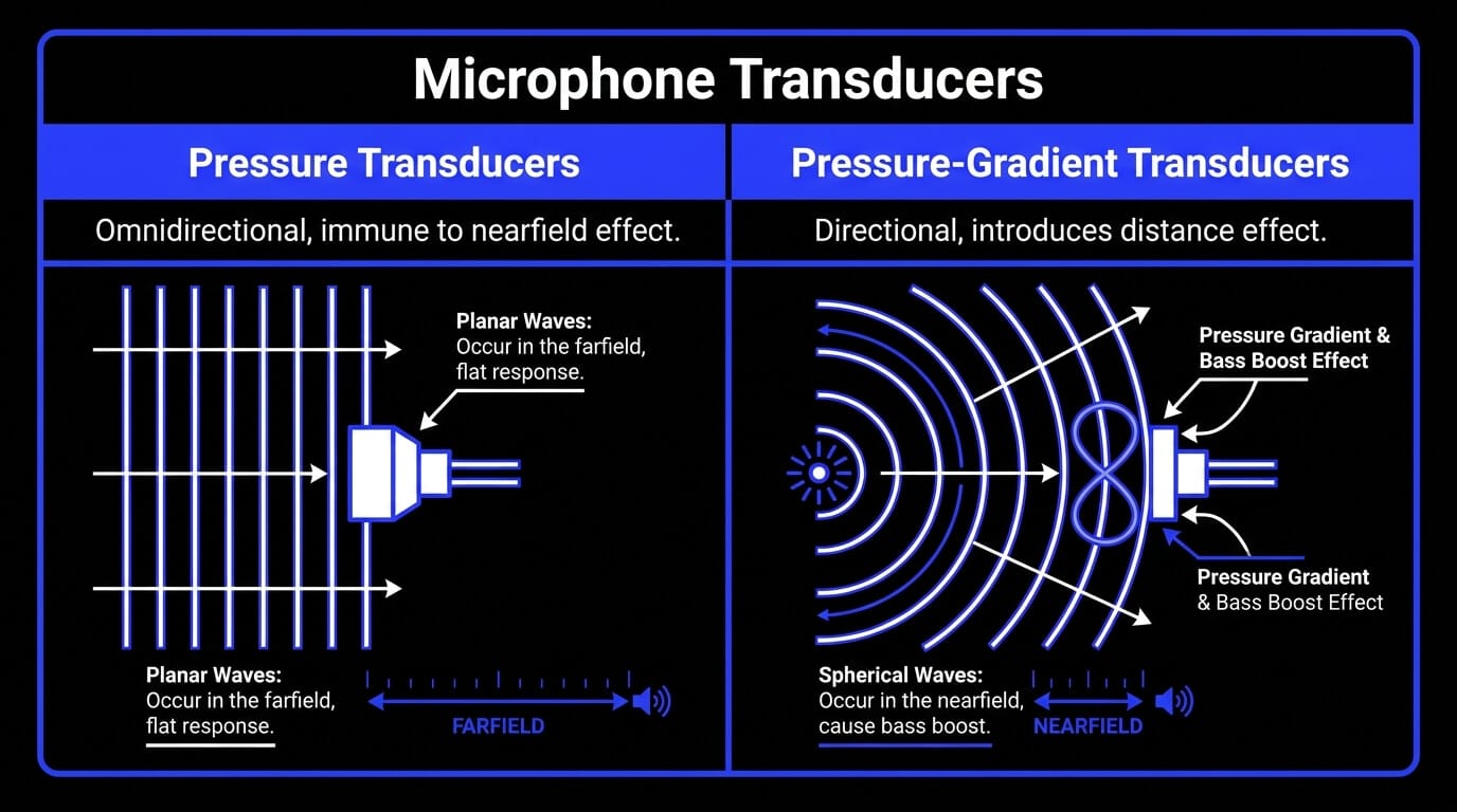 Infographic comparing pressure transducers and pressure-gradient transducers, showing how planar waves avoid bass boost while spherical nearfield waves create proximity effect.