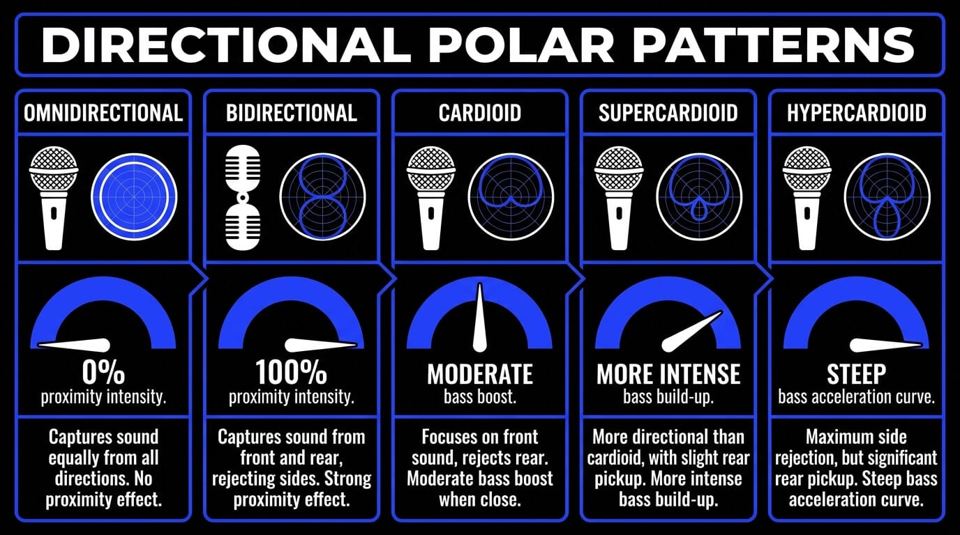Infographic comparing omnidirectional, bidirectional, cardioid, supercardioid, and hypercardioid polar patterns, showing proximity intensity, bass boost, side rejection, and rear pickup behavior.