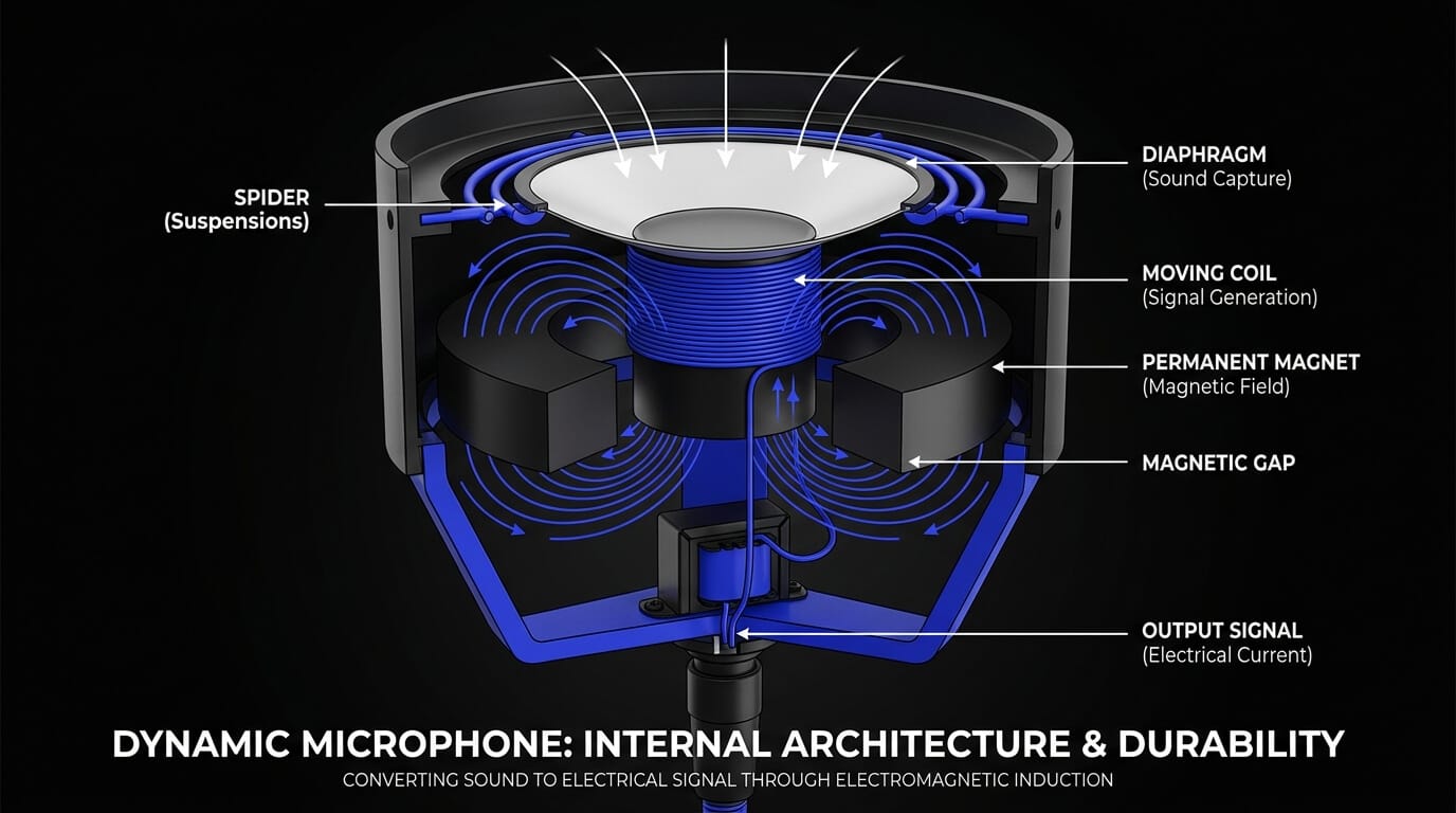 Cutaway diagram of a dynamic microphone showing the diaphragm, moving coil, permanent magnet, magnetic gap, and output signal path