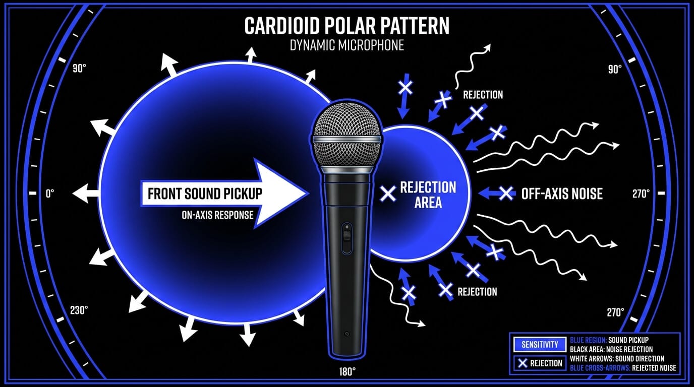 Infographic of a cardioid dynamic microphone polar pattern showing on-axis front sound pickup, rear rejection area, off-axis noise, and reflected sound rejection